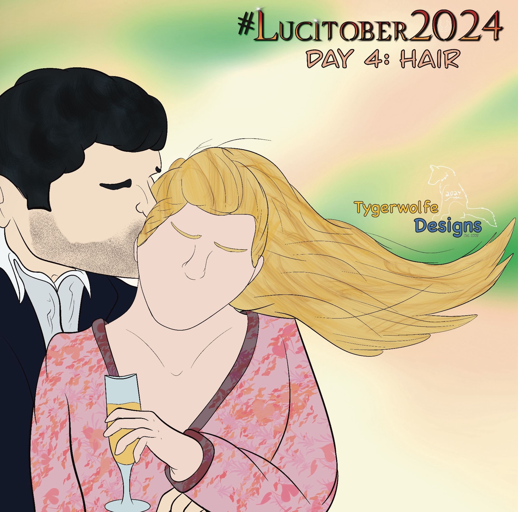 A simplified drawing of Lucifer and Chloe sitting on a beach. He’s kissing the side of her head and she’s holding a flute of champaign while her hair blows in the breeze.