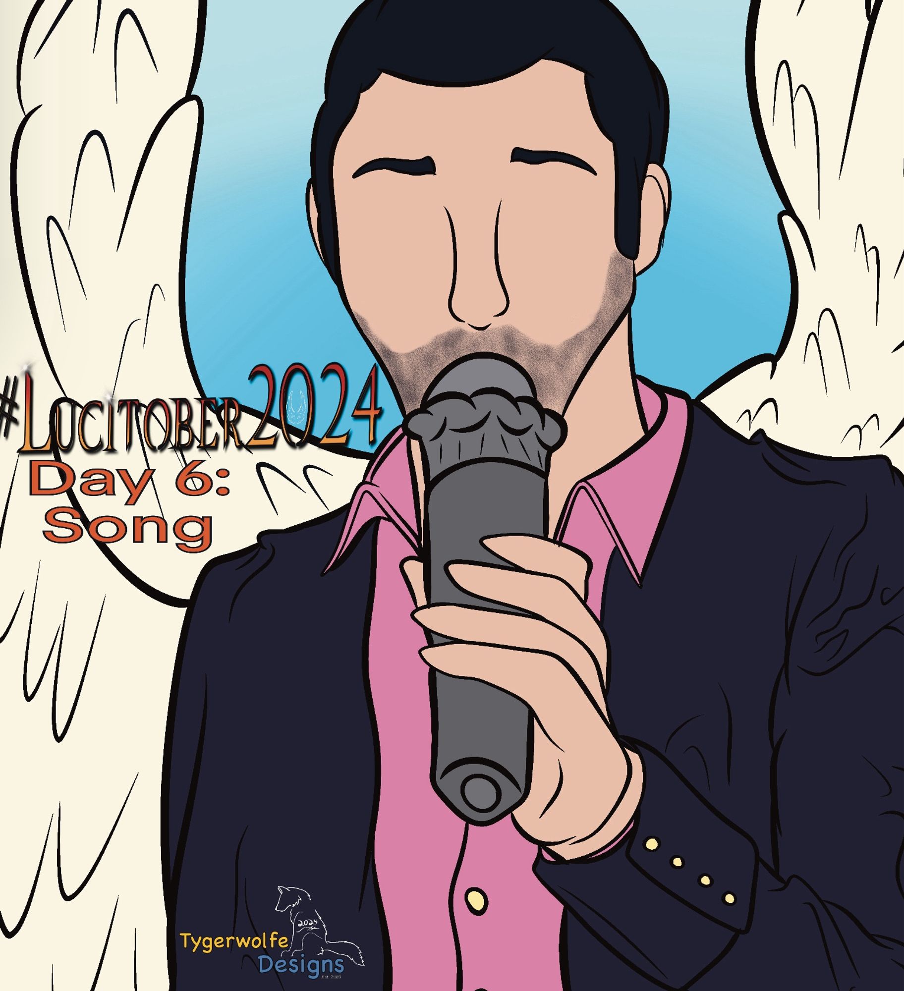 A drawing of Lucifer Morningstar holding a microphone with wings on display.