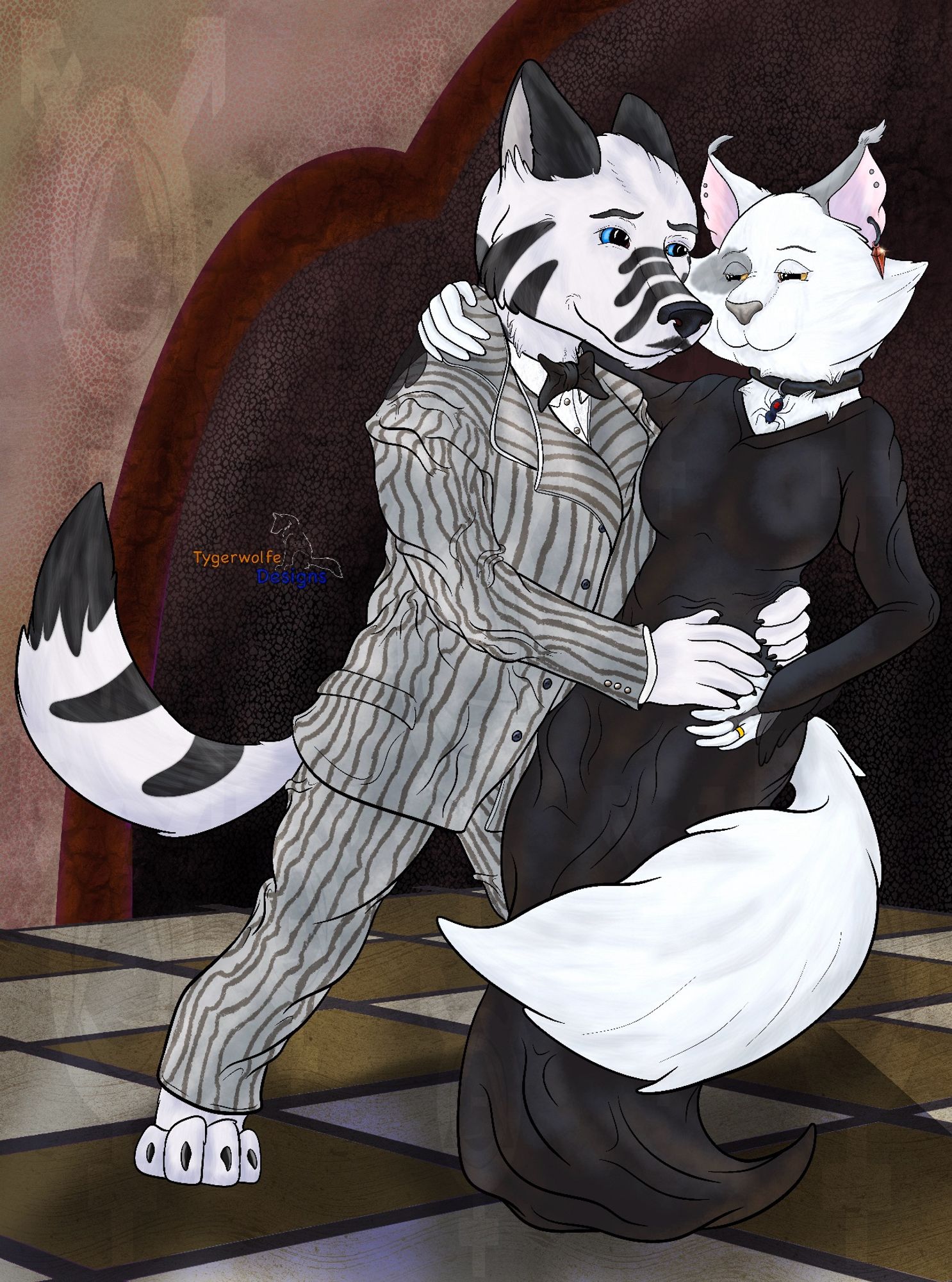 The fursonas of Tygerwolfe and his wife (a striped white wolf and a white, fluffy cat with grey patches), drawn dressed as Gomez & Morticia Addams from The Addams Family. Specifically the 1990s movie versions.