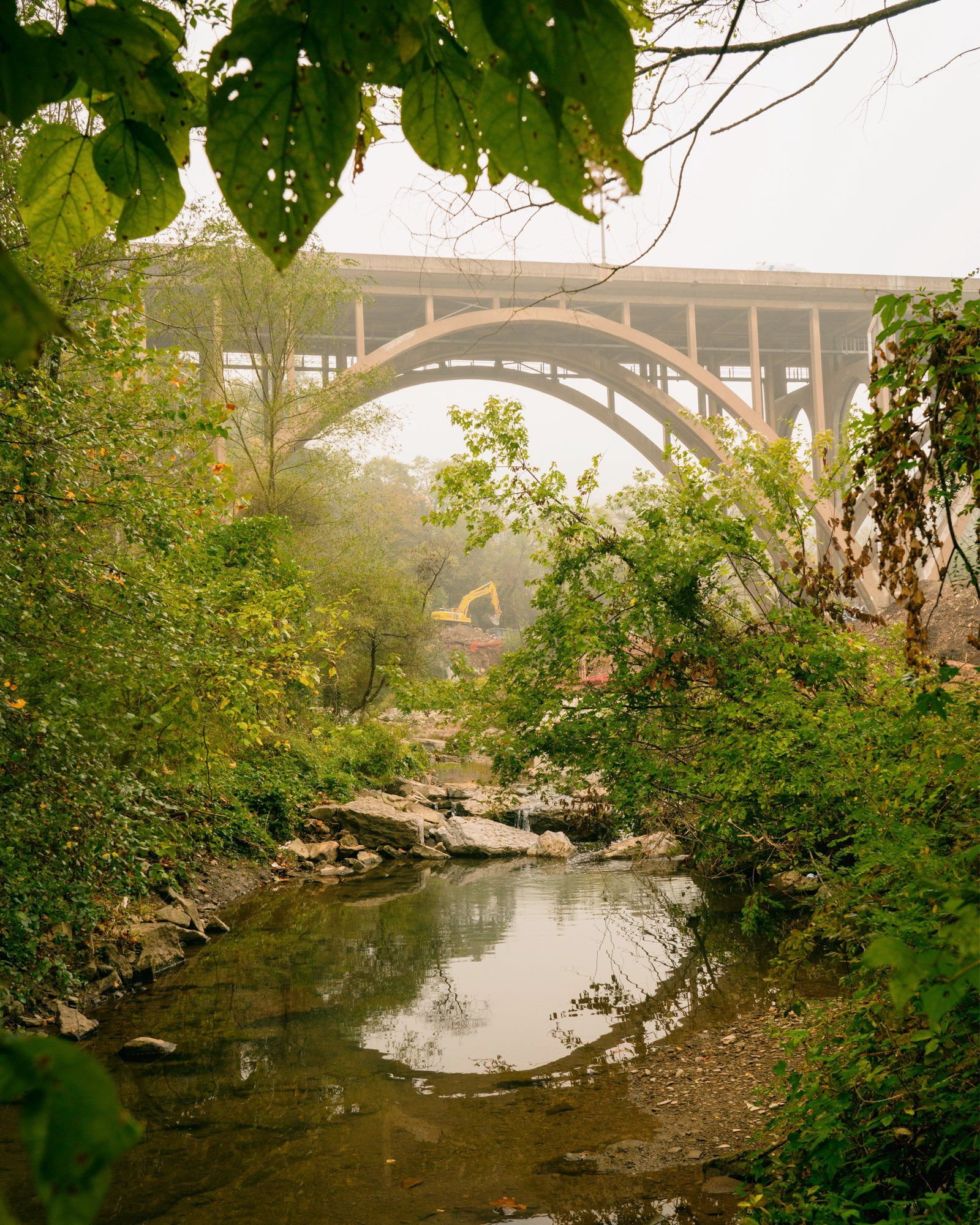 A stream runs through the center of frame towards the camera. There are bushes and trees on the edges of the stream. In the distance a large arch of a bridge span crosses high over the creek. Under the arch is a yellow digger truck clearing brush from under the bridge.