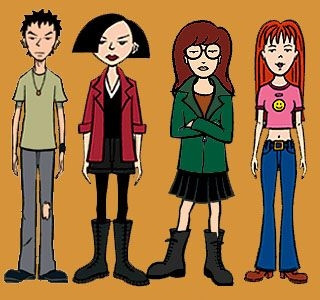 a cartoon animation quartet of teens, the principal teenage cast of MTV's popular Beavis and Butthead spinoff, Left to right the characters are Trent, Jane, the titular Daria, and her sister Quinn 