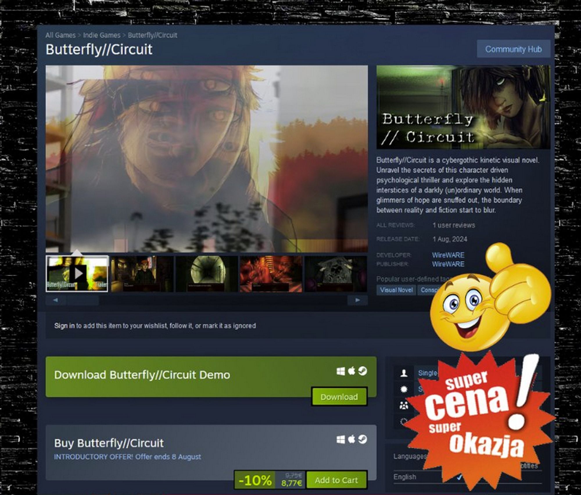 Screenshot of the Steam page for the visual novel Butterfly//Circuit, with an overlayed thumbs up emoji