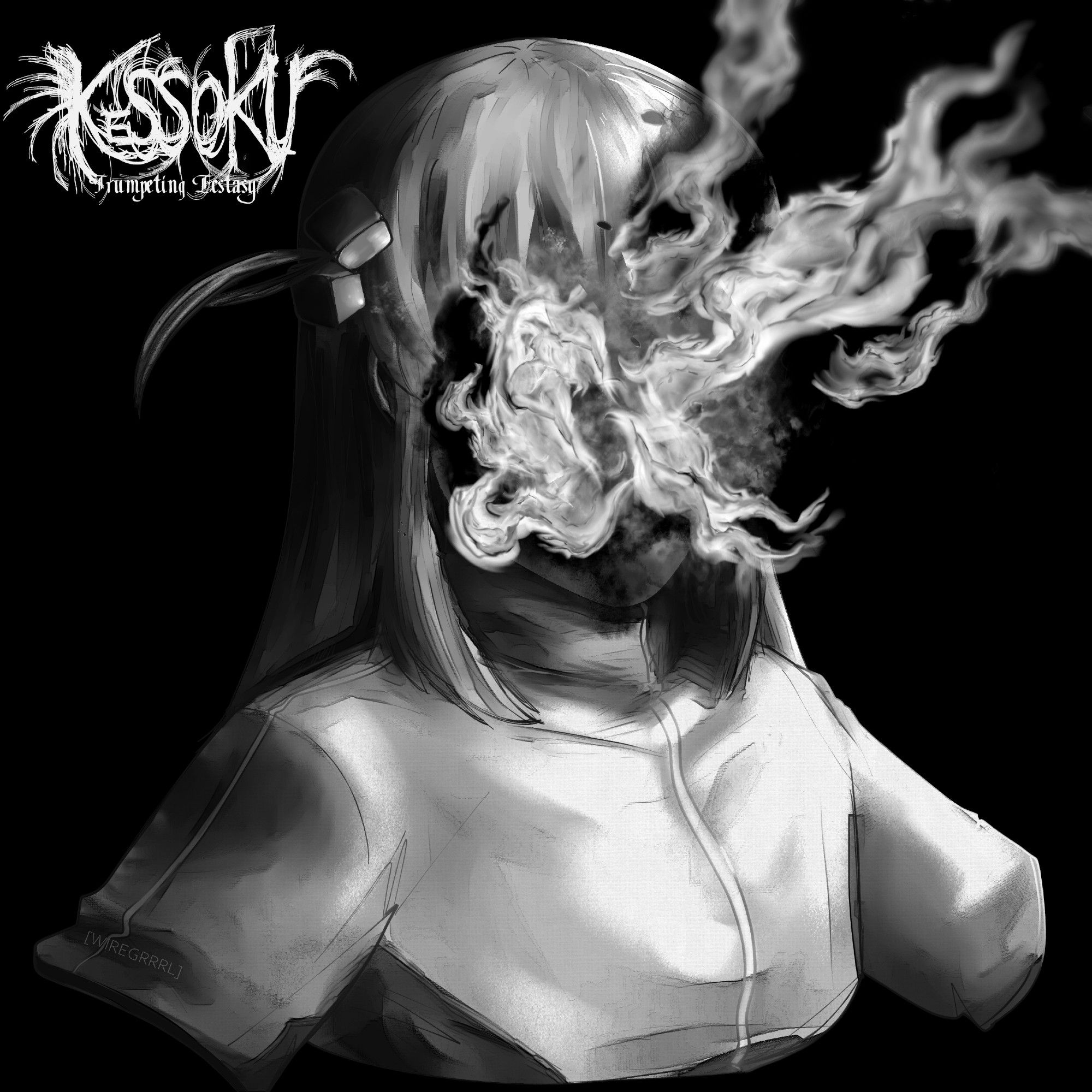 fan art of bocchi from the series "bocchi the rock" as the album cover of Full of Hell's "Trumpeting Ecstasy"