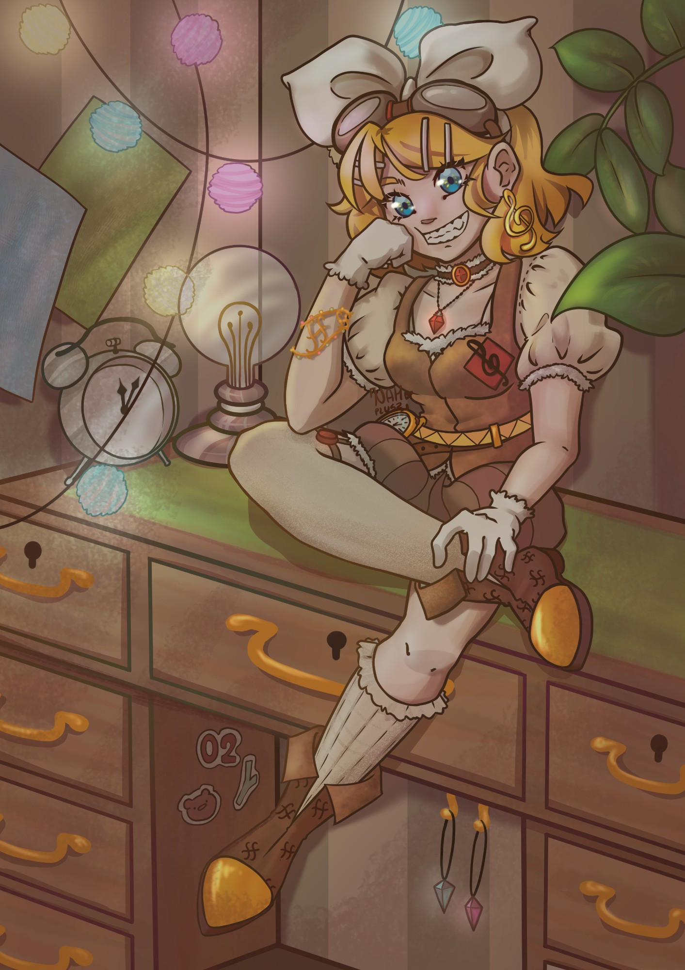 Kagamine Rin smiling at the viewer, sitting on a desk, wearing a steampunk attire.