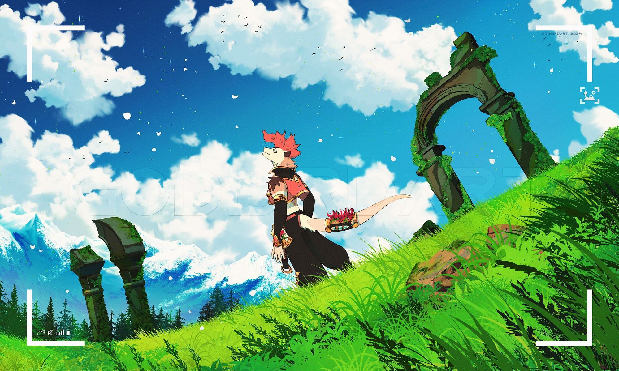 image is a digital illustration of the artist's anthropomorphic rodent character standing on a vibrant green grassy hill and looking upwards toward the sky. in the background are overgrown ruins of what were once stone arches. further back, a glimpse of pine trees and mountains. the sky is a brilliant gradient of light-to-dark blues, with fluffy clouds drifting along it. white dust and debris flutter on the breeze. the image is framed by four short 90 degree corner accents. in the bottom left, icons resembling that of a cellphone's can be seen with icons for weather, volume, reception, and battery.  #furryart #furry #art