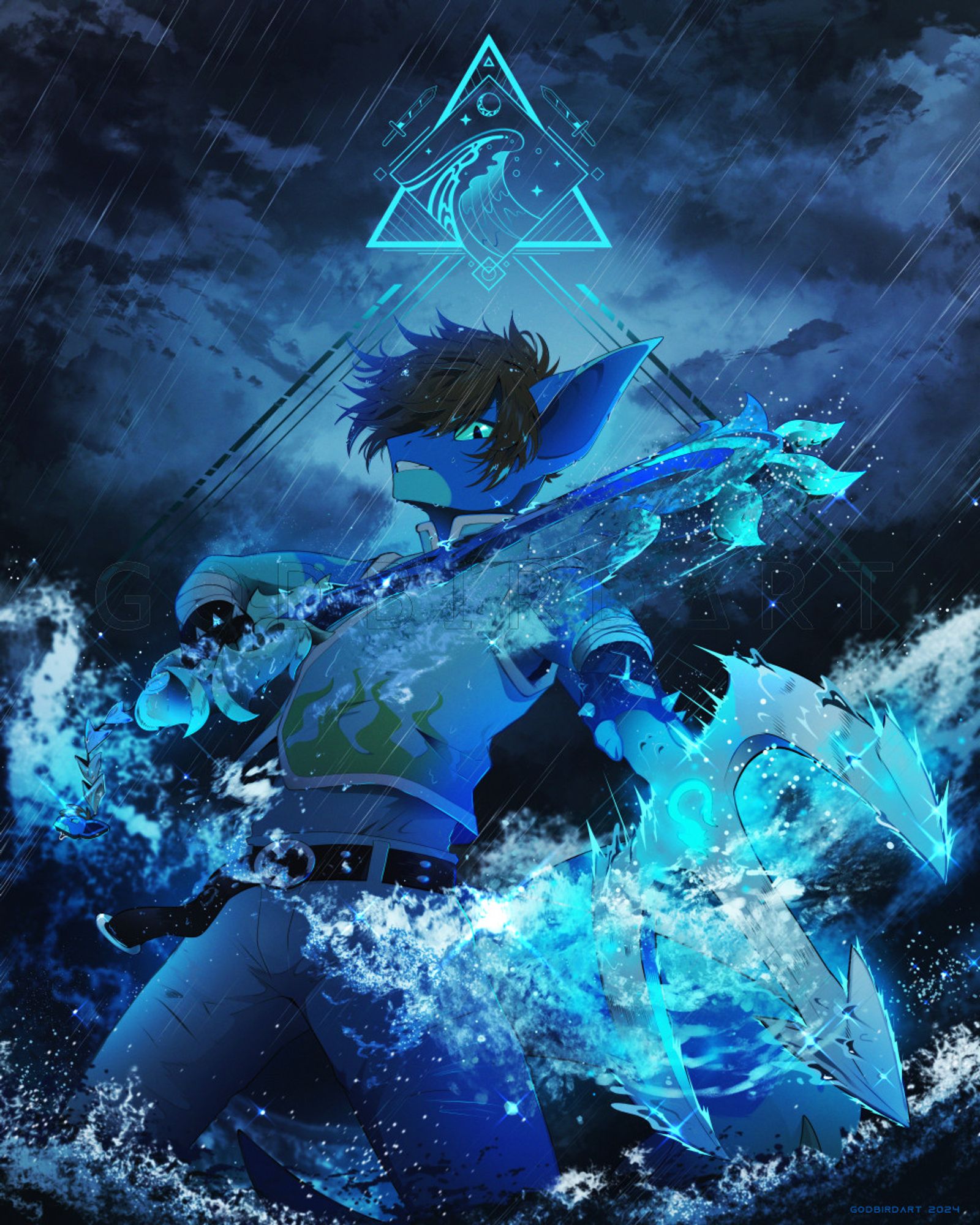 image depicts the client's character, Tidal Wave [aka, Tide]. Tide is a blue anthropomorphic shark with brown hair and long ears. He is holding a Keyblade in his right hand, with the blade crossing over in front of his chest, and a trident in the other. The trident is pointed at the viewer, and has a glowing dragon decal at the base of the centre prong. Both the Keyblade and trident have water rippling off of them. Around Tide are stormy ocean waves frothing in front and behind him. Water droplets fling from Tide, his weapons and clothes, mixed from the rain and ocean spray. Dark clouds loom in the backdrop. Above Tide's head is a small, geometric decal featuring a rising wave with a small cresent moon over it framed in a diamond. There is a sword on each side of this diamond, and a triangle and other geometry behind / around it. Signature reads godbirdart 2024. #furry #furryart #anthro