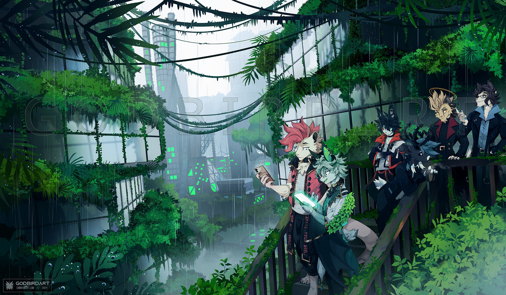 image is an illustration of six of my [the artist's] characters / fursonas: Sebastian, Euillcys, Loke, Cinder, Octis and Arthenos. they are standing on a moss covered staircase, with Sebastian and Euillcys talking to each other to the left and Octis and Arthenos conversing to the right. Loke is leaning over the railing holding a cup of coffee, and Cinder is leaning against the railing in the back with their arms crossed. Behind them is a city riddled with plants and trees. Close behind the staircase sits two twin buildings caked in plants with various ivy and moss snaking along the window frames. Between these two buildings is a city stretching into the distance, thinly veiled by a misty fog from light rain more and more as they get further away. The city's lights are all a greenish-blue hue. signature reads godbirdart 2024. #furry #furryart #art