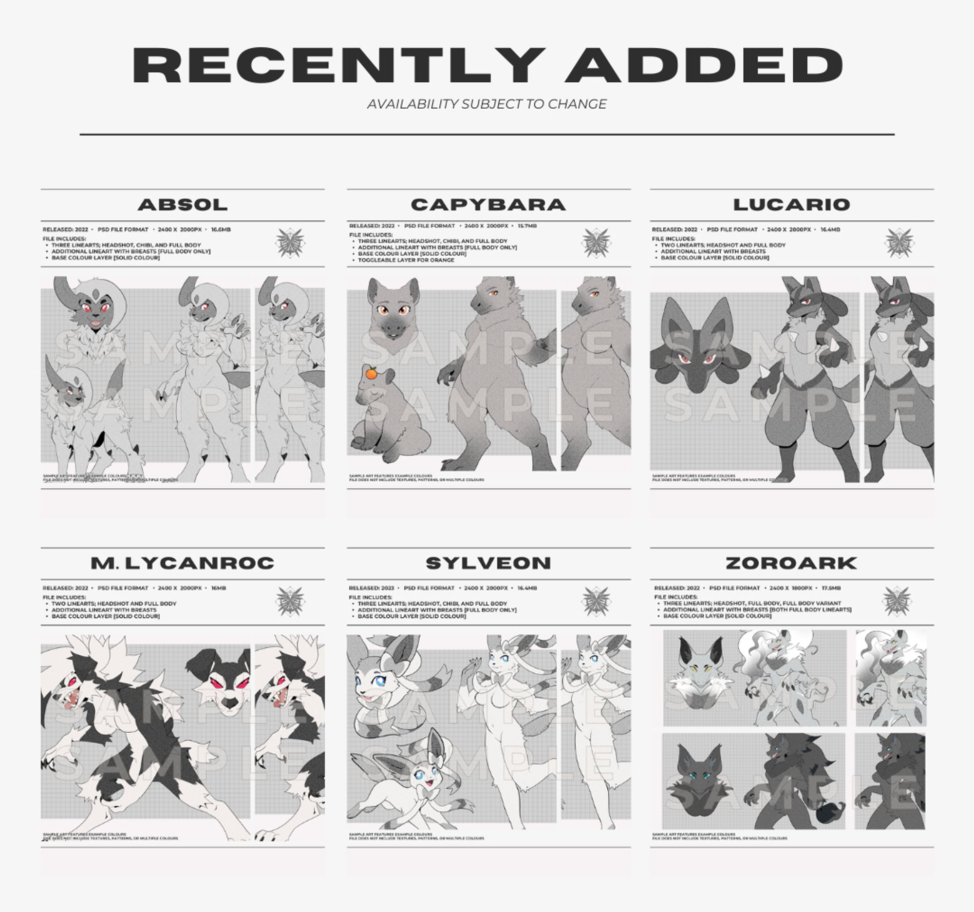 image text reads: "Recently Added. Availability subject to change." It features six greyscale images featuring six different anthropomorphic species. #fursale