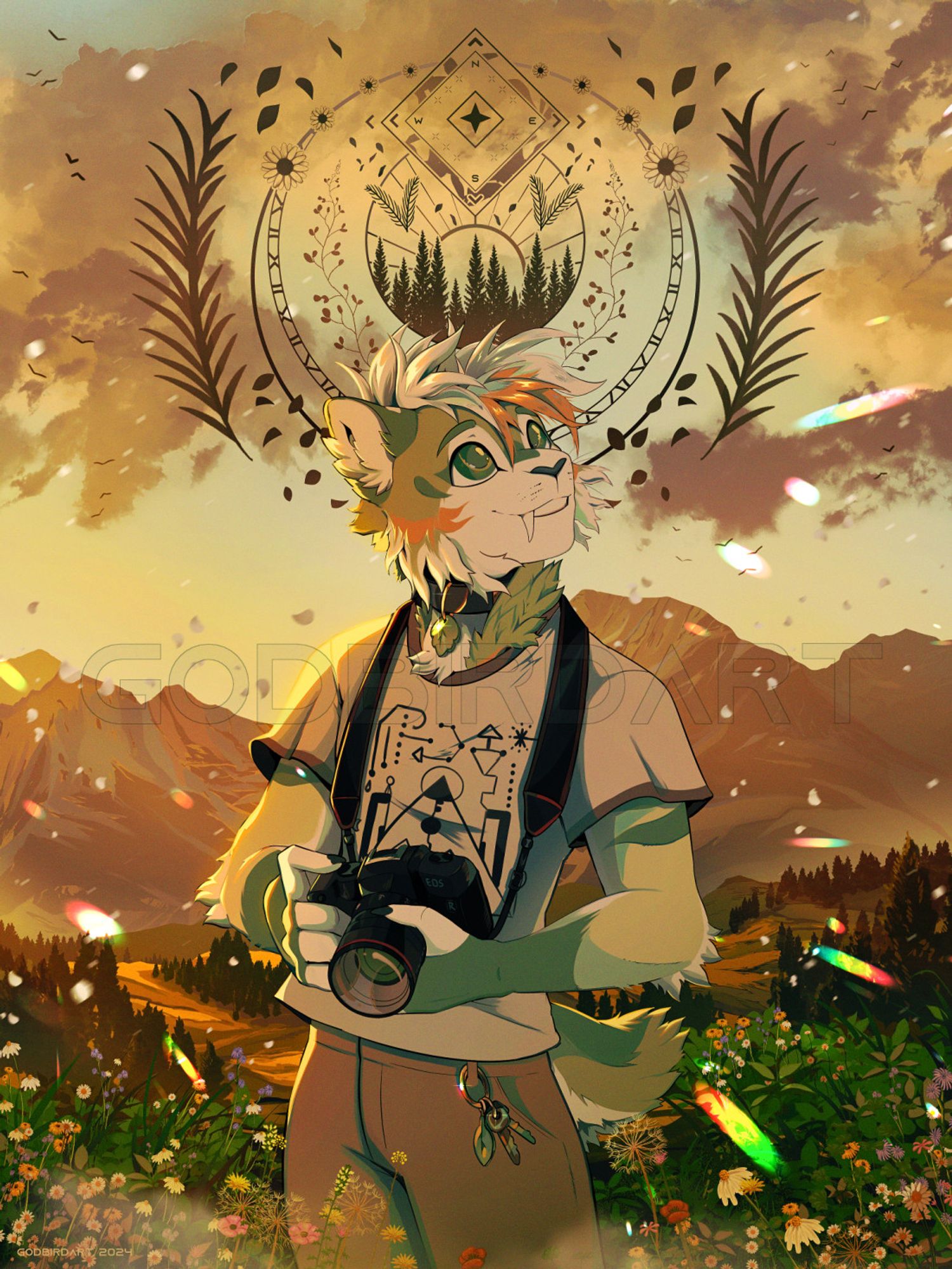 image is a digital illustration of the client's saber / tiger character. They are standing among an array of wildflowers, with golden fields and pine trees illuminated by the warm morning sun littering the backdrop. a sleepy wall of mountains looms further back. The character is holding a digital camera in their hands, looking up to the partially clouded sky with a smile. A large insignia is drawn over the sky area, featuring pine trees, plants, petals, and the cardinal directions of a simple compass. #furryart #nature