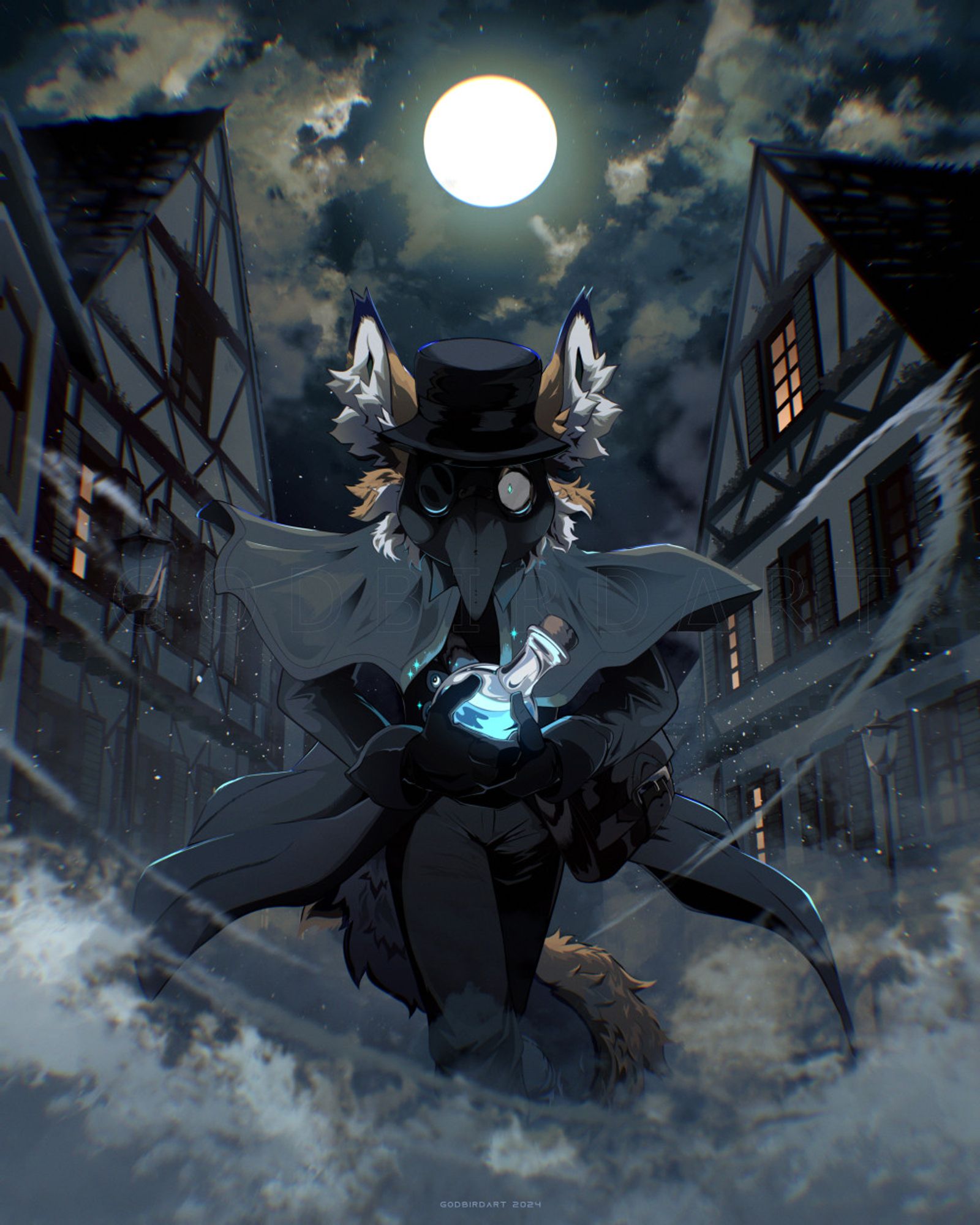 image is a drawing of the client's character Mute. Mute is an anthropomorphic fox, dressed here in plague doctor attire. He facing the viewer head-on, walking down a foggy medieval street at night, clutching a glowing blue potion bottle in his gloved hands. His face, covered in a plague doctor's mask, is heavily shadowed, but one eye can be seen piercing through the darkness. Far above his head looms a glowing moon surrounded by eerie night clouds. There are old houses on either side of the street. Though some of the light are on, it's unsure if anyone is really home. signature reads godbirdart 2024. #furry #furryart #art