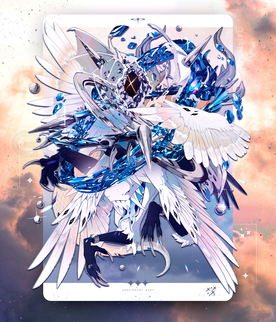 image is an illustration of the client's anthropomorphic shapeshifter character. here the character has been shifted into the form of an angel with many limbs, maws, and wings sprawling around a series of blue-tinted crystal and silver discs and rings. a large crystalline geode levitates in the midst of the fray with a large golden X-shaped pupil. #furryart #furry