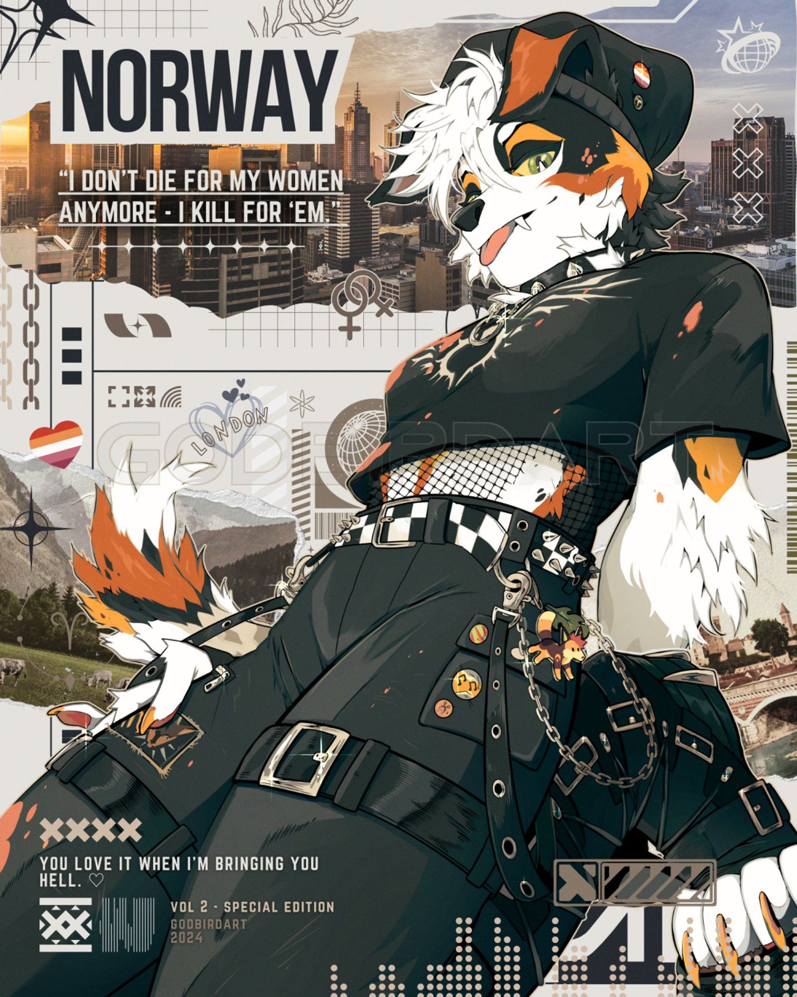 image is an illustration of an anthropomorphic australian shepherd dog, on her knees and leaning back in a confident, smug pose. she is wearing dark clothing with chains and spiked accessories.the background features a city skyline. the text in the image reads: "Norway: I don't die for my women anymore - I kill for 'em." "You love it when I'm bringing you hell." "Vol 2: special edition." The name London is also written and encircled with a blue heart. #furryart