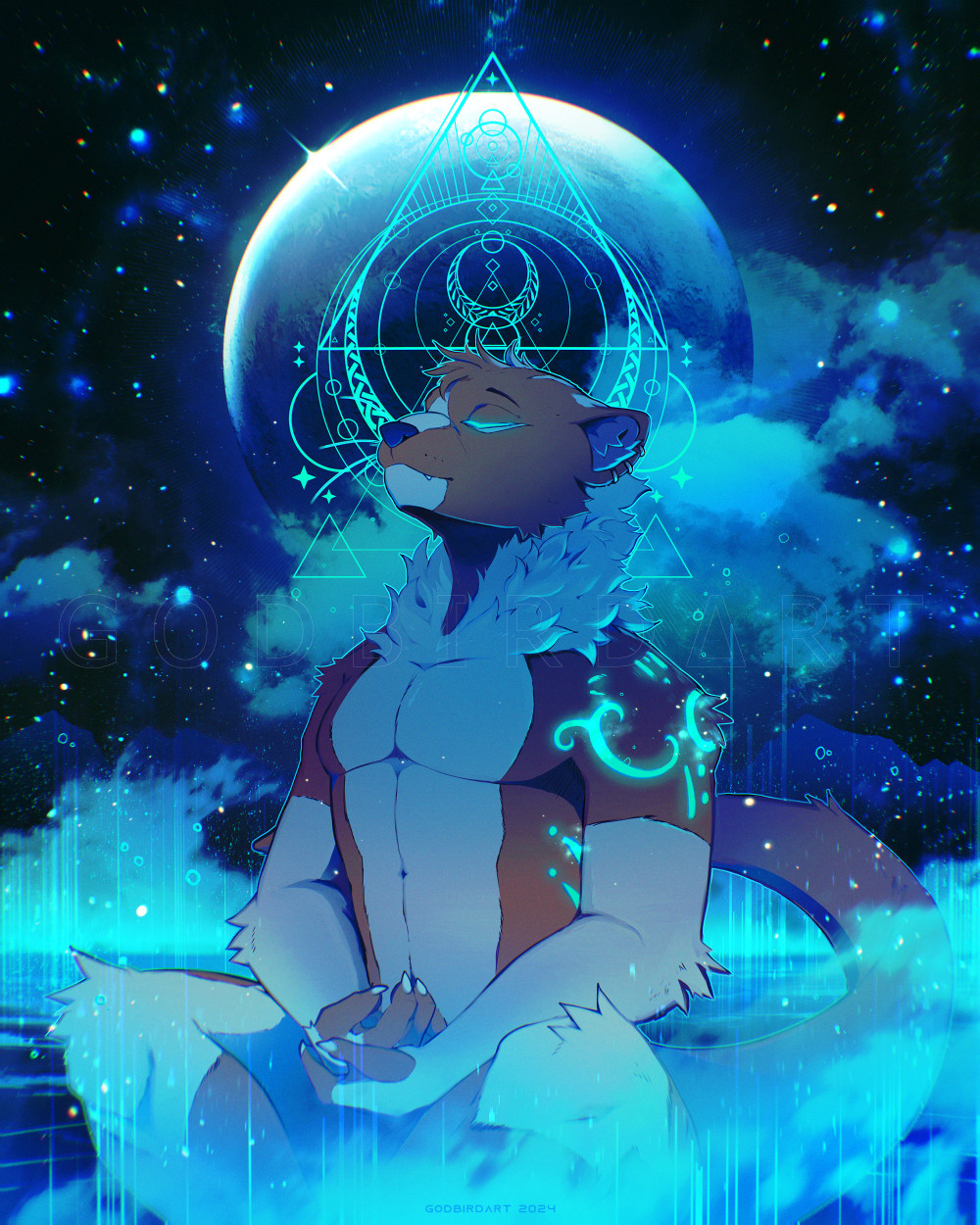 image is a drawing of the client's anthropomorphic otter character Blue. Blue is sitting in a meditative pose; crosslegged, hands in lap, eyes closed with a straight back. Behind Blue's head is a geometric sigil featuring an array of circles and triangles and patterns. Further behind this is a partially showed realistic moon against a sea of stars and clouds. The ground around Blue is dark, but has a subtle glow. Some of this glow streams upward in thin, glowing lines. #furry #anthro #furryart #art