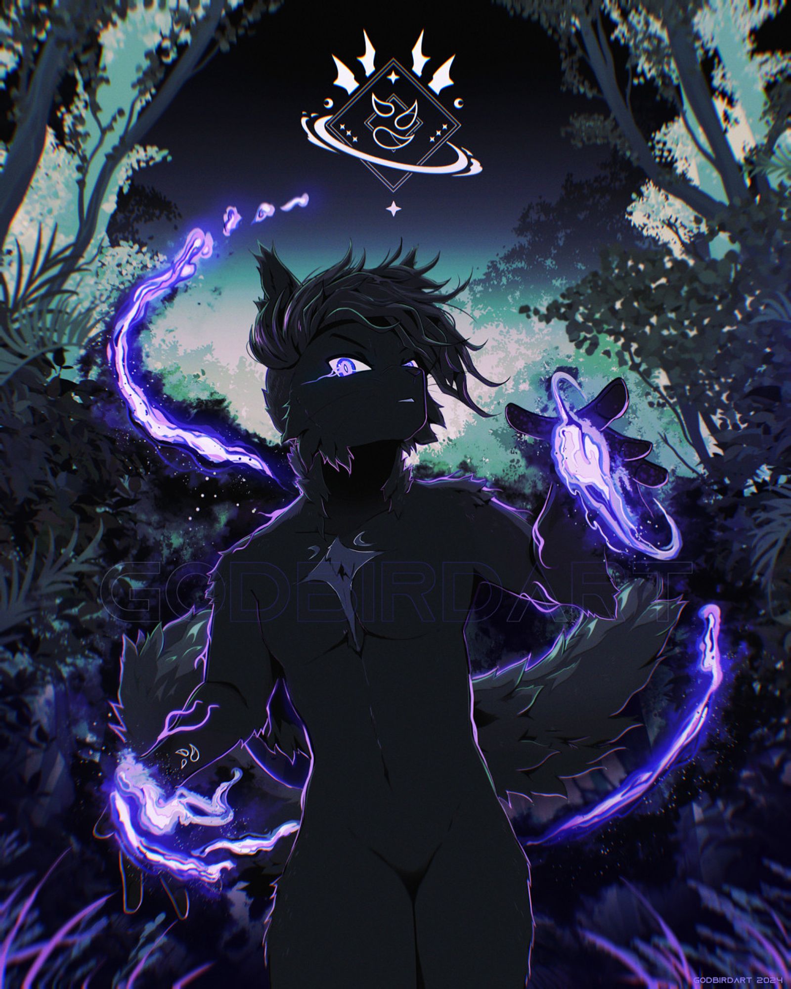 image is a drawing of the client's anthropomorphic feline character. they have their hands slightly extended out at different angles at their sides, with dark glowing purple magic swirling around their palms and fingers. they are looking at the viewer with eyes glowing a similar cool violet. behind them is a shadowed forest that gets lighter the further back in the distance the trees are. above the canopy is an inky sky speckled with stars, and a geometric symbol that has a similar patterning as the tattoo on the character's wrist. #furryart #furry