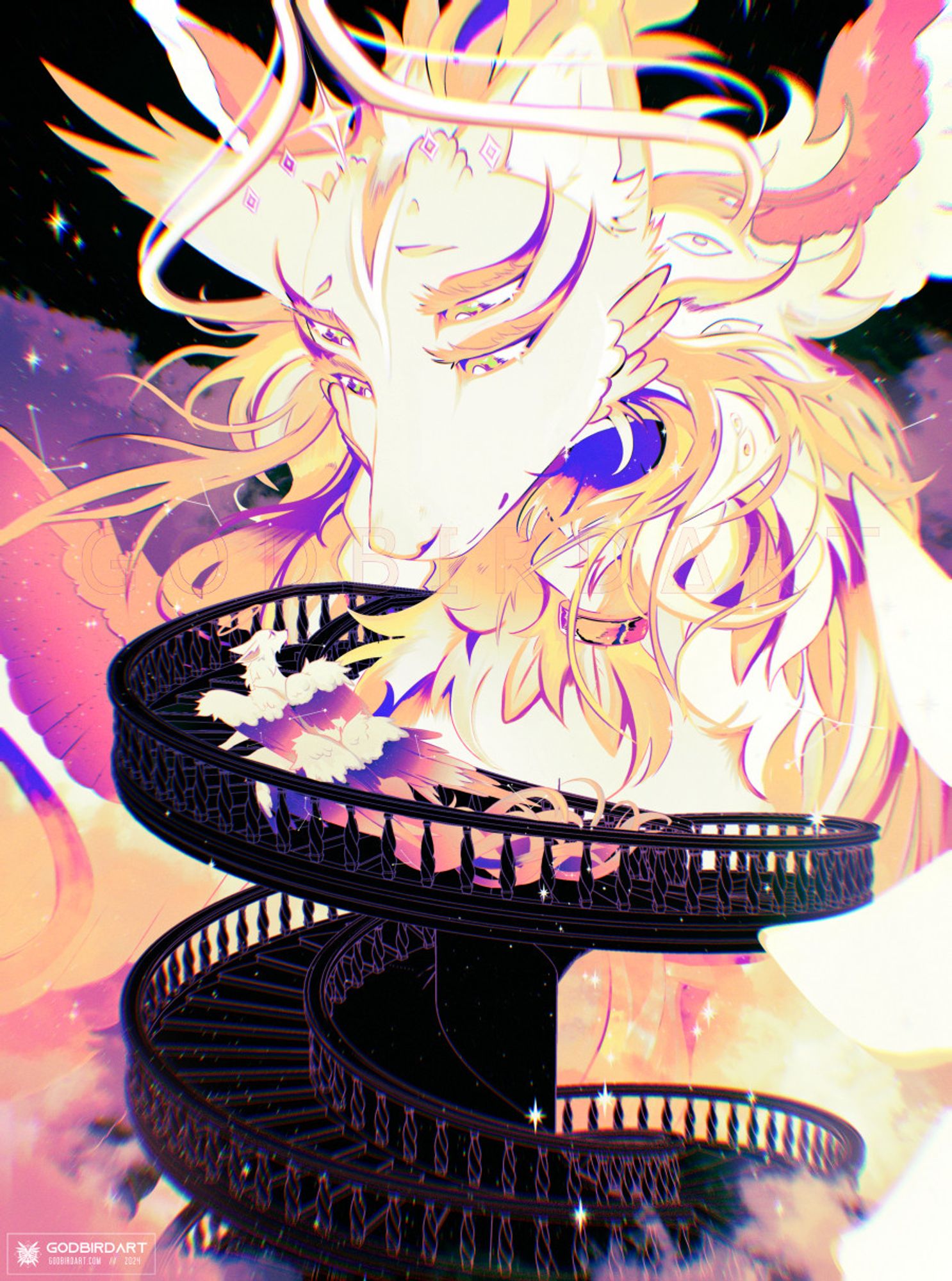 image is a drawing of a small six-winged canine ascending a dark spiral staircase. its body is primarily a cream-white, with the secondaries on its wings being a gradient of purple to orange to yellow. above it is a towering, immense heavenly canine. it has a halo that curves up into a point in the front above its four eyes. the heavenly canine's body is larger than the staircase, but is partially obscured by light ethereal clouds. its fur is long and stringy around its neck and head, resembling hair. there are a set of wings behind its head, and another stretching out lower around the stairs. feathers speckle its forehead, cheeks, and mane. signature reads godbirdart 2024. #furry #anthro #furryart