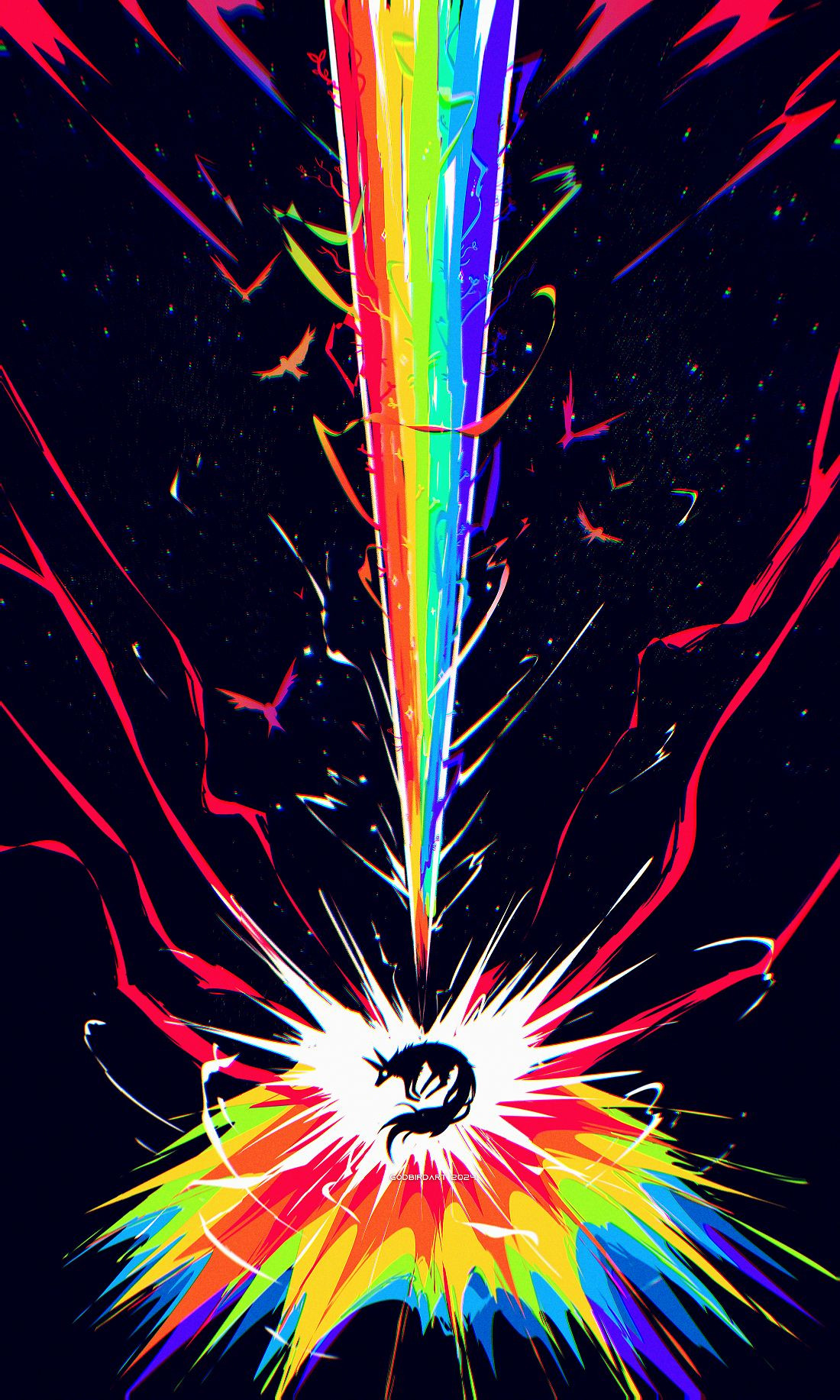 image is a digital drawing of a small black silhouette of a canine-shaped creature. it is slightly curled in on itself as white light radiates wildly around it. beneath this white radiance is an explosion of the colours of the rainbow. above the creature, a rainbow rockets upward in a beam. streaks of colour and white crackle and flail about. plants manifest out of the streaks of colour. birds frantically fly upward alongside the beam. #furryart