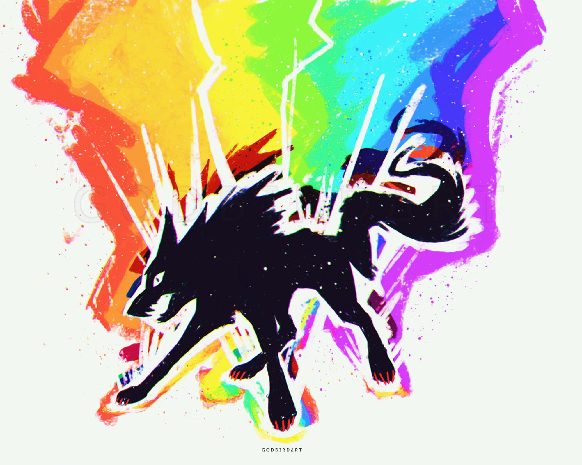 image is of a black canine silhouette. it is standing with its hackles raised, red claws out, and baring its teeth. its head is turned to the side but its eye is staring directly at the viewer. a vibrant rainbow explodes up from around its paws and into the air around it, crackling with white electricity. #art