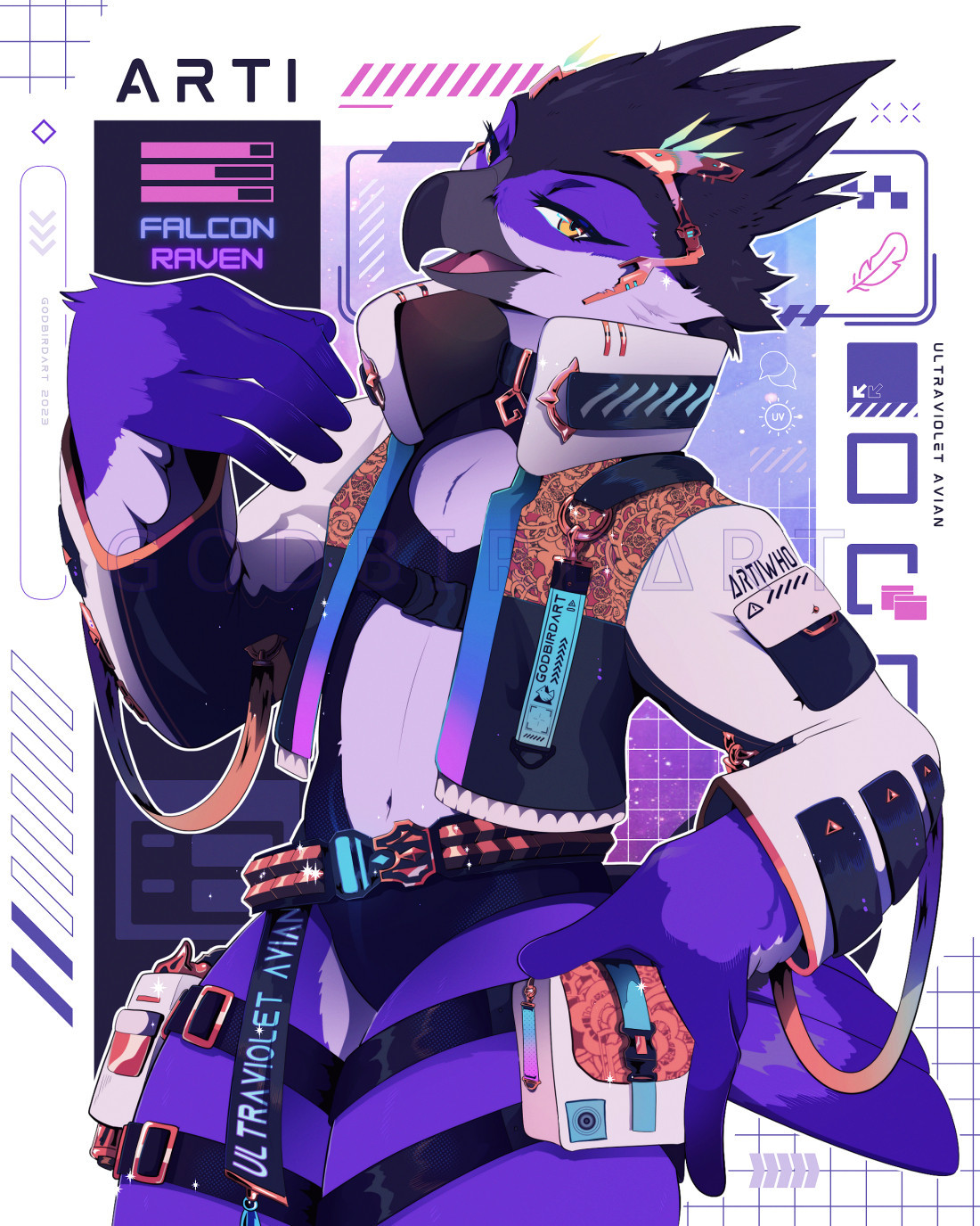 image features Artiwho's avian character; Arti. Arti is dressed in a techwear-style hoodie coloured in white, black, gold, blue and purple. The hoodie is worn over a black body suit with an open stomach and chest. They are looking at the viewer with a smile and lidded eyes, one wing-hand raised up coyly. There is a small storage pouch strapped to one leg, and a pistol on the other. The text on their outfit reads "Ultraviolet Avian", "Artiwho", and "Godbirdart". #furryart #art