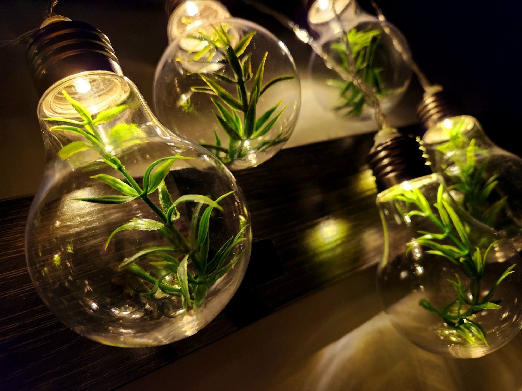 image is a photograph of five hanging light bulbs with green synthetic plants inside of them.