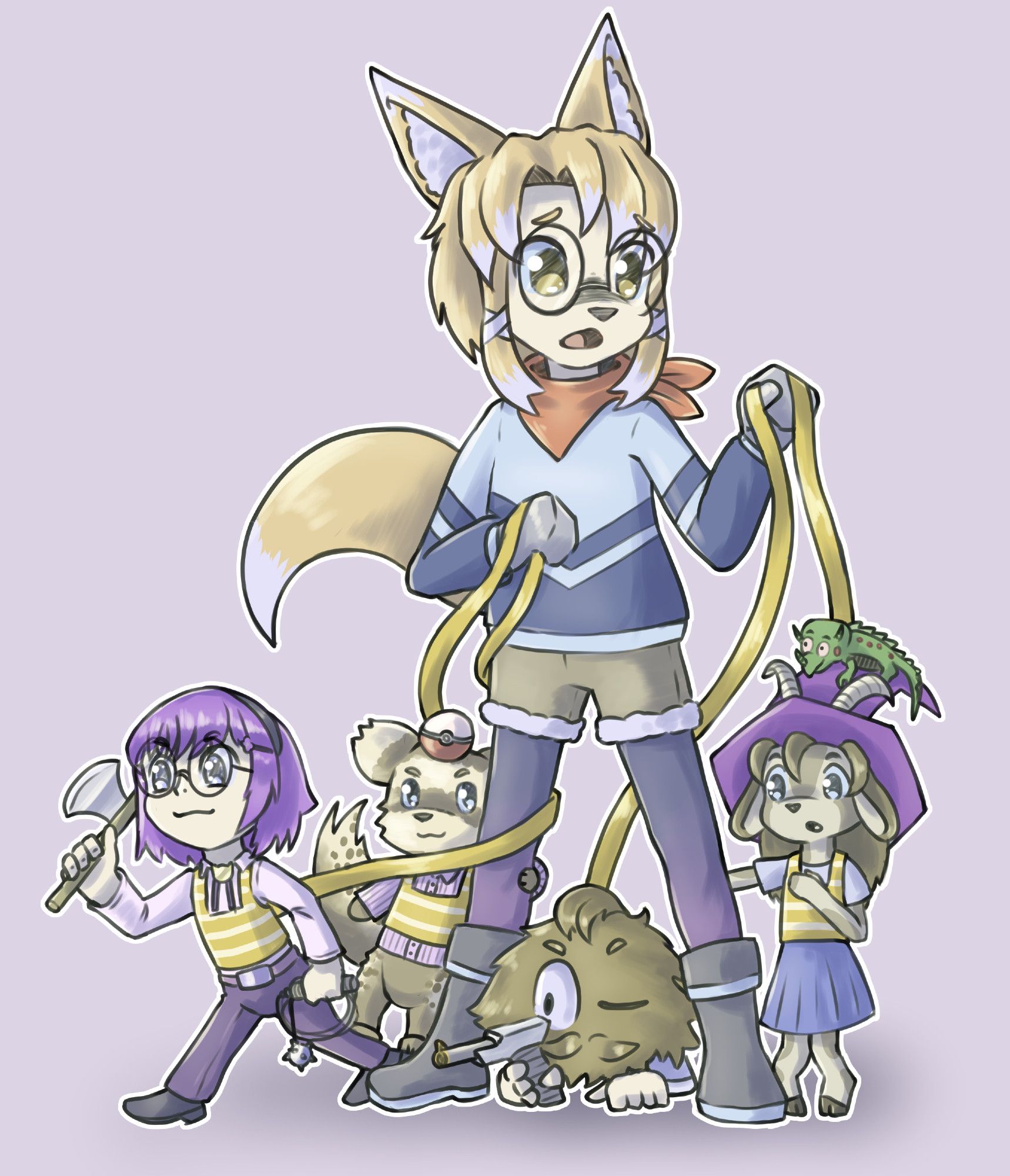 sardoose, altazimuth, adamadmar and hexagonwitch as small children being lil rascals and wearing vests connected to leashes. qwarq stands in the middle of them holding all the leashes and looking a little distressed