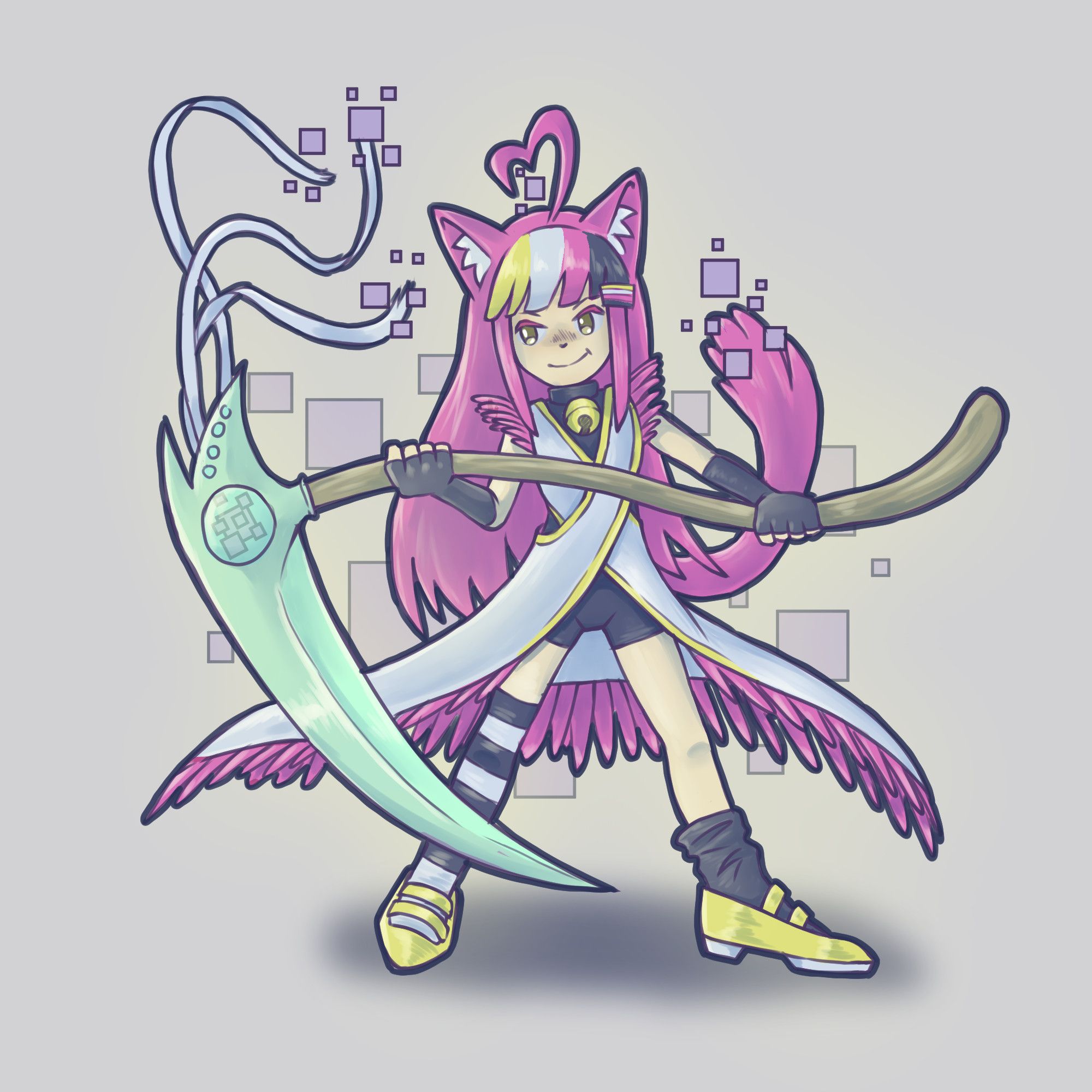 DigitalBasic in a cool feather-y outfit, a sick scythe and squares all around them