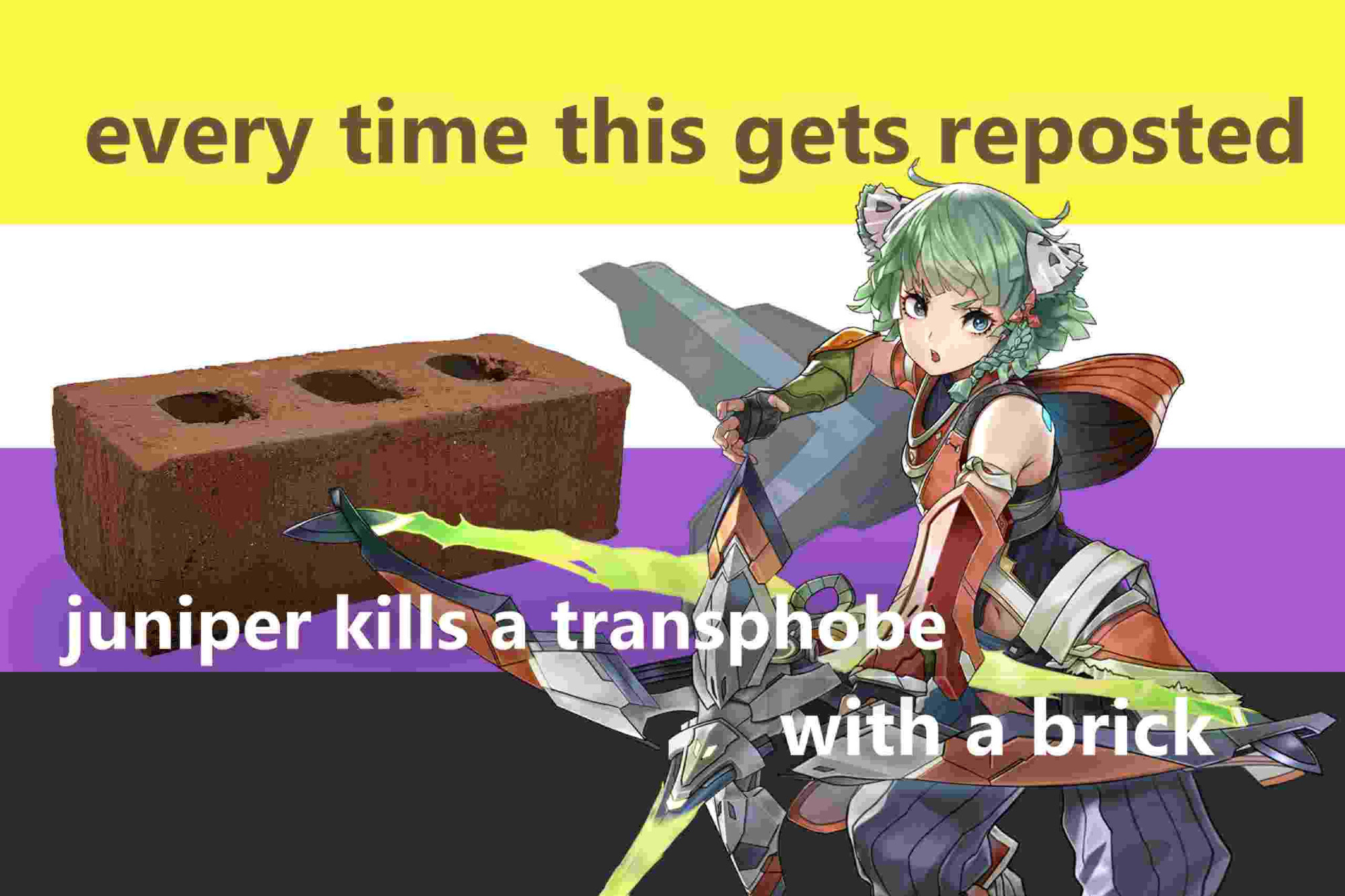 Juniper from Xenoblade 3 standing in front of a non-binary flag and a large brick. The text says "every time this gets reposted juniper kills a transphobe with a brick"