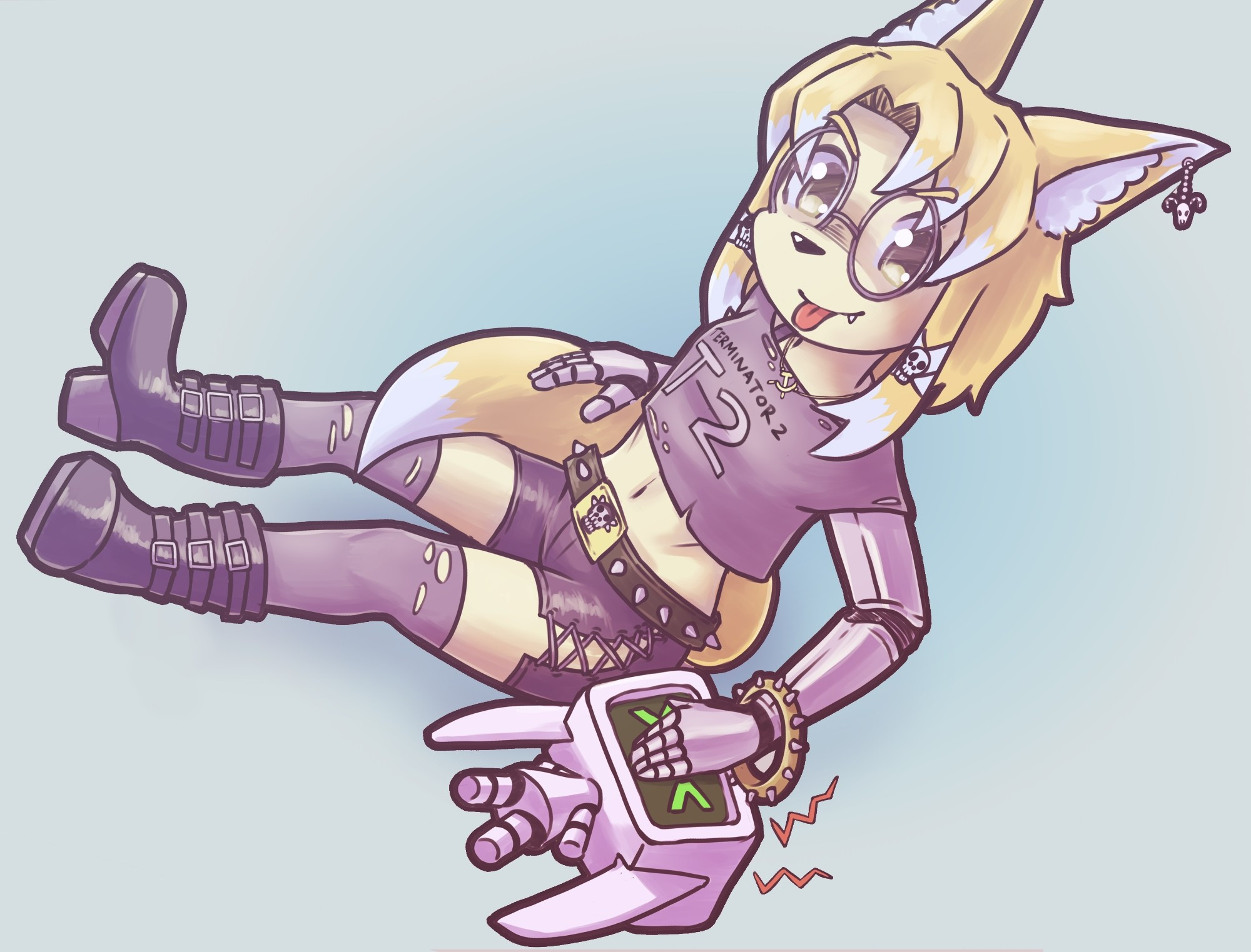 my fox boy oc wearing a goth/punk outfit with a crop top that says "Termimator 2 T2", side-tie shorts, thigh highs and boots. he's sitting while sticking his tongue out and resting a hand on qwarqbot's face