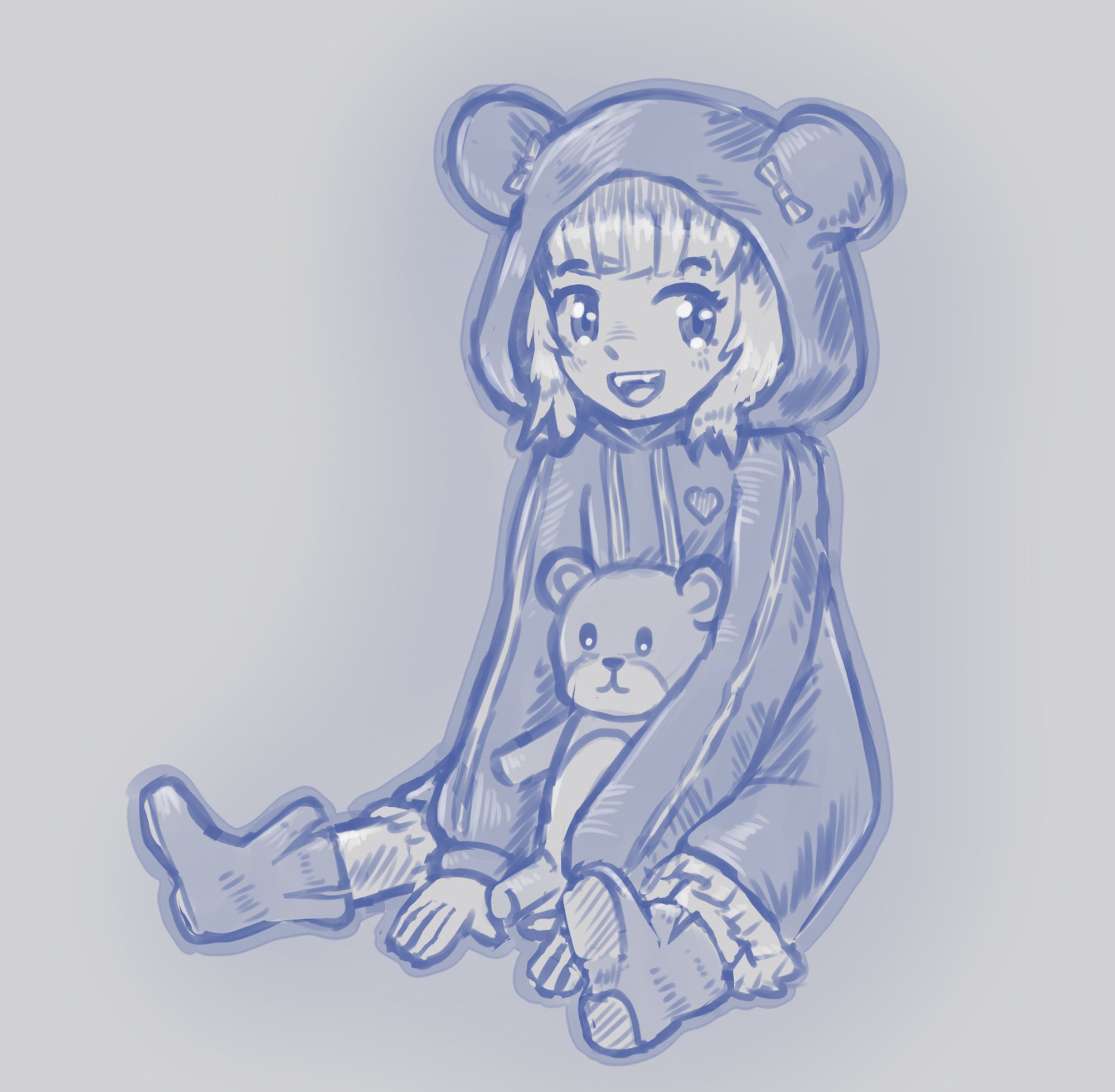 vtuber dot_lvl wearing a long hoodie with bear ears on the hood. she has a large teddy bear sitting in front of her between her arms