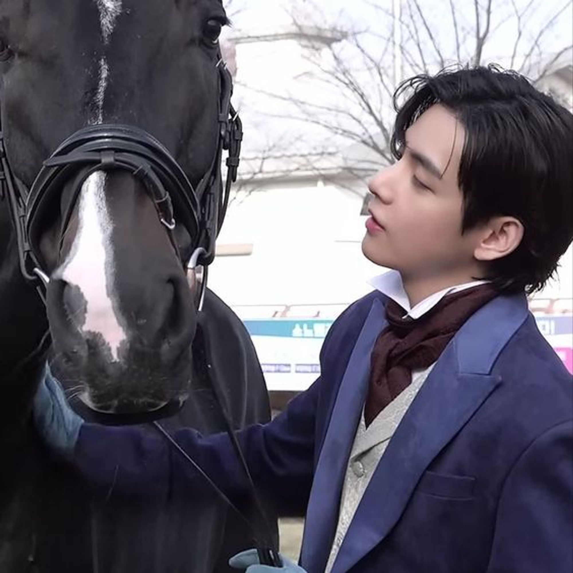 Black horse with white blaze staring straight at you; Taehyung in navy waistcoat, pale blue gloves, burgandy ascot and pale gray vest over a white shirt.  Forehead exposed. They two are discussing their plans for the day.