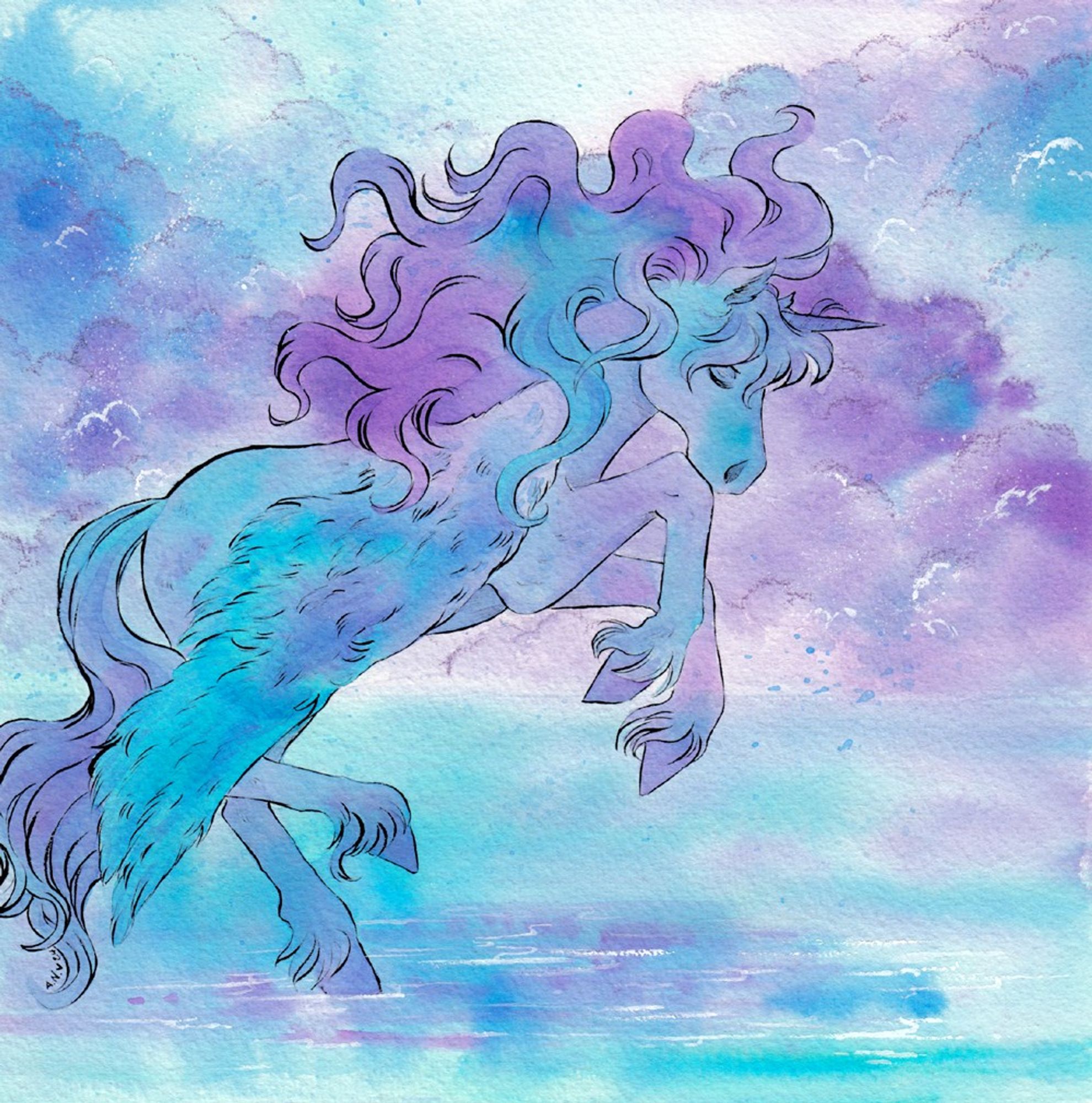 Watercolour illustration in shades of lavender and blue, featuring a pegasus with a unicorn horn running across water. The pegasus has no reflection and the background is hazy with soft purple and blue clouds.