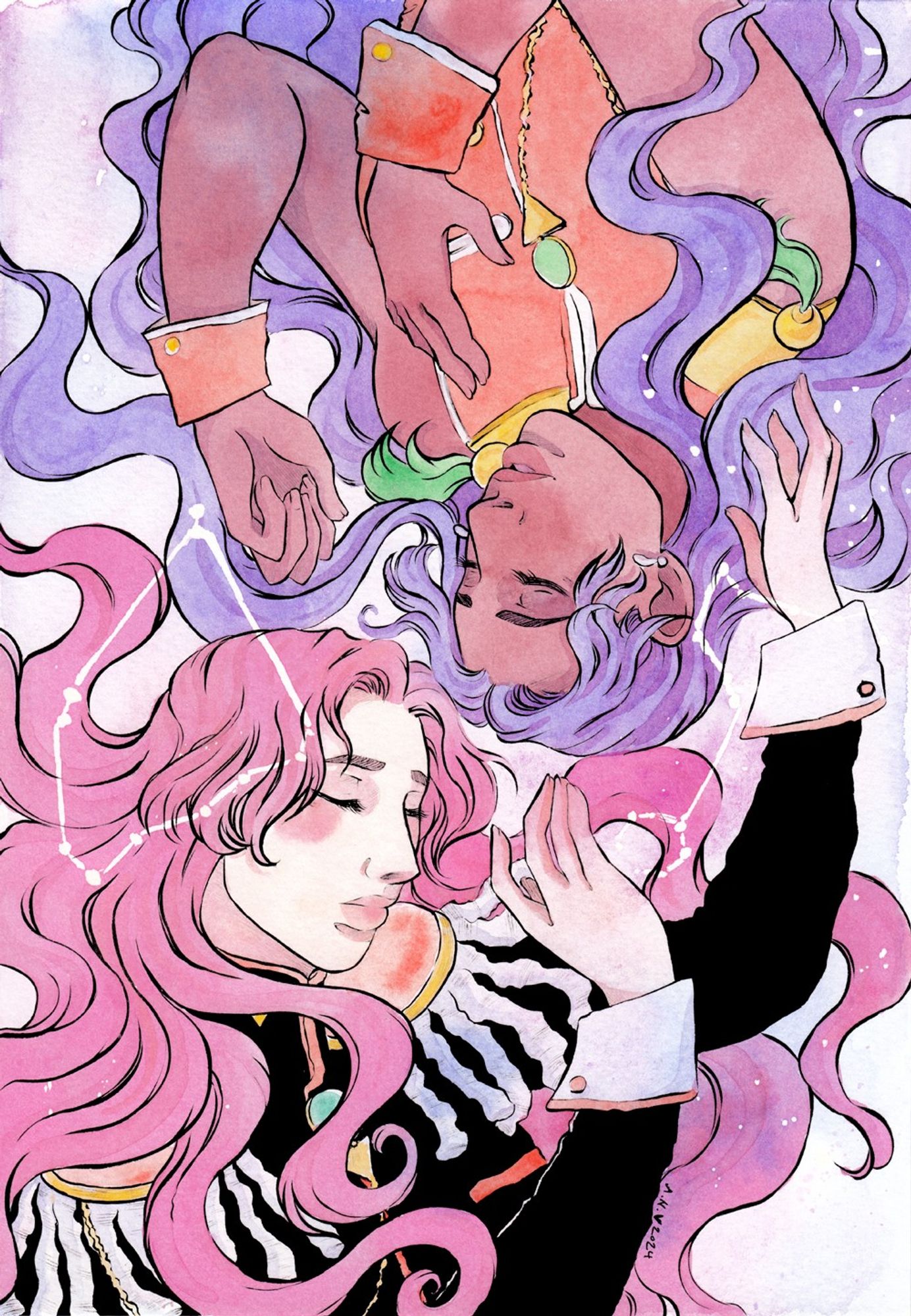 Watercolour illustration of Utena Tenjou and Anthy Himemiya from Revolutionary Girl Utena. They're lying down with their heads almost touching, eyes closed. Anthy is in her Rose Bride dress, her hair let down, and Utena is wearing her duelist outfit. The constellations for their zodiac signs are depicted next to them.