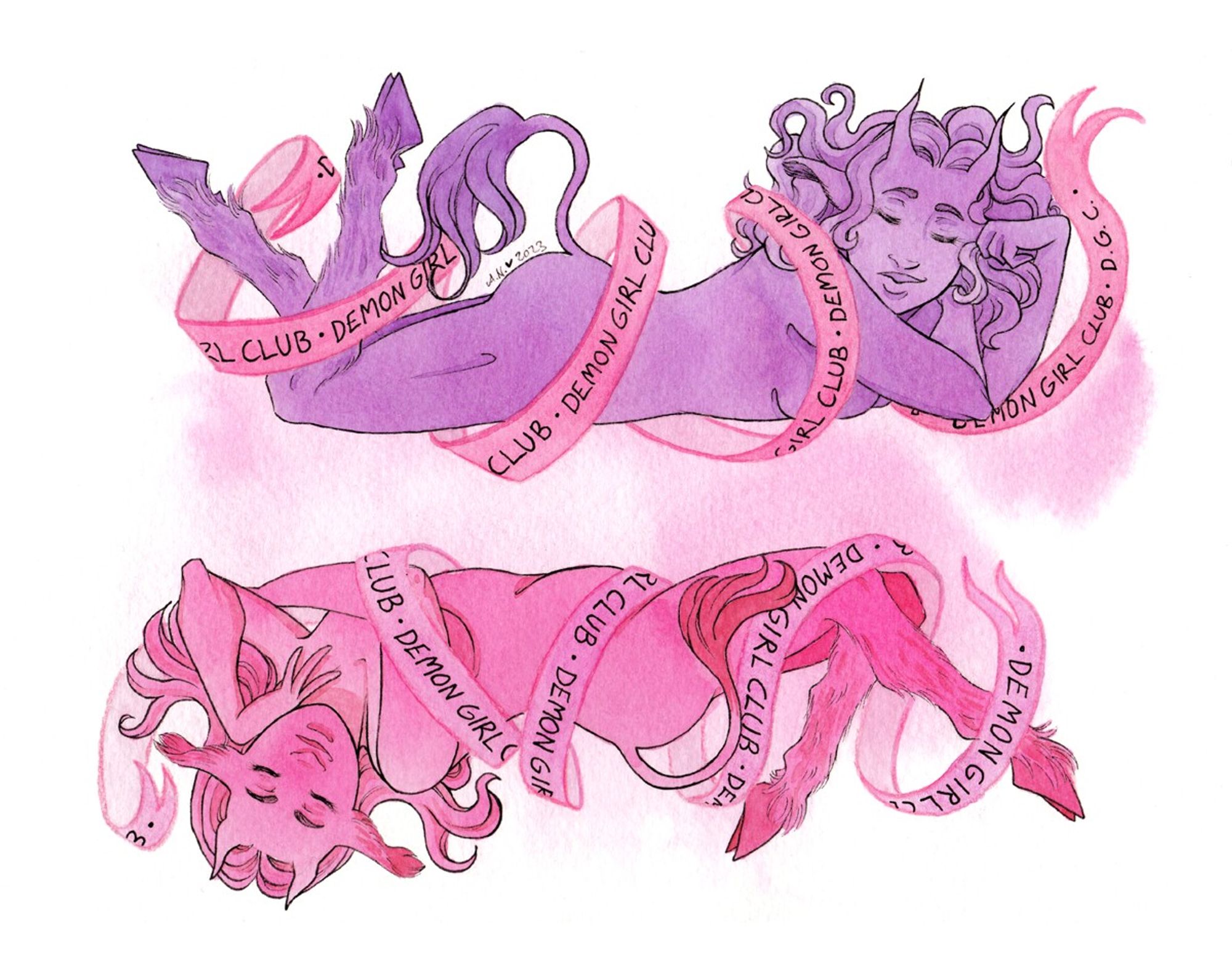 Watercolour illustration of two demon ladies with cloven feet, horns and tufted tails. One of purple, the other pink. There are ribbons winding around them with the text "demon girl club". They're laying on their bellies, leaning against one hand with their eyes closed. Both are smiling slightly.