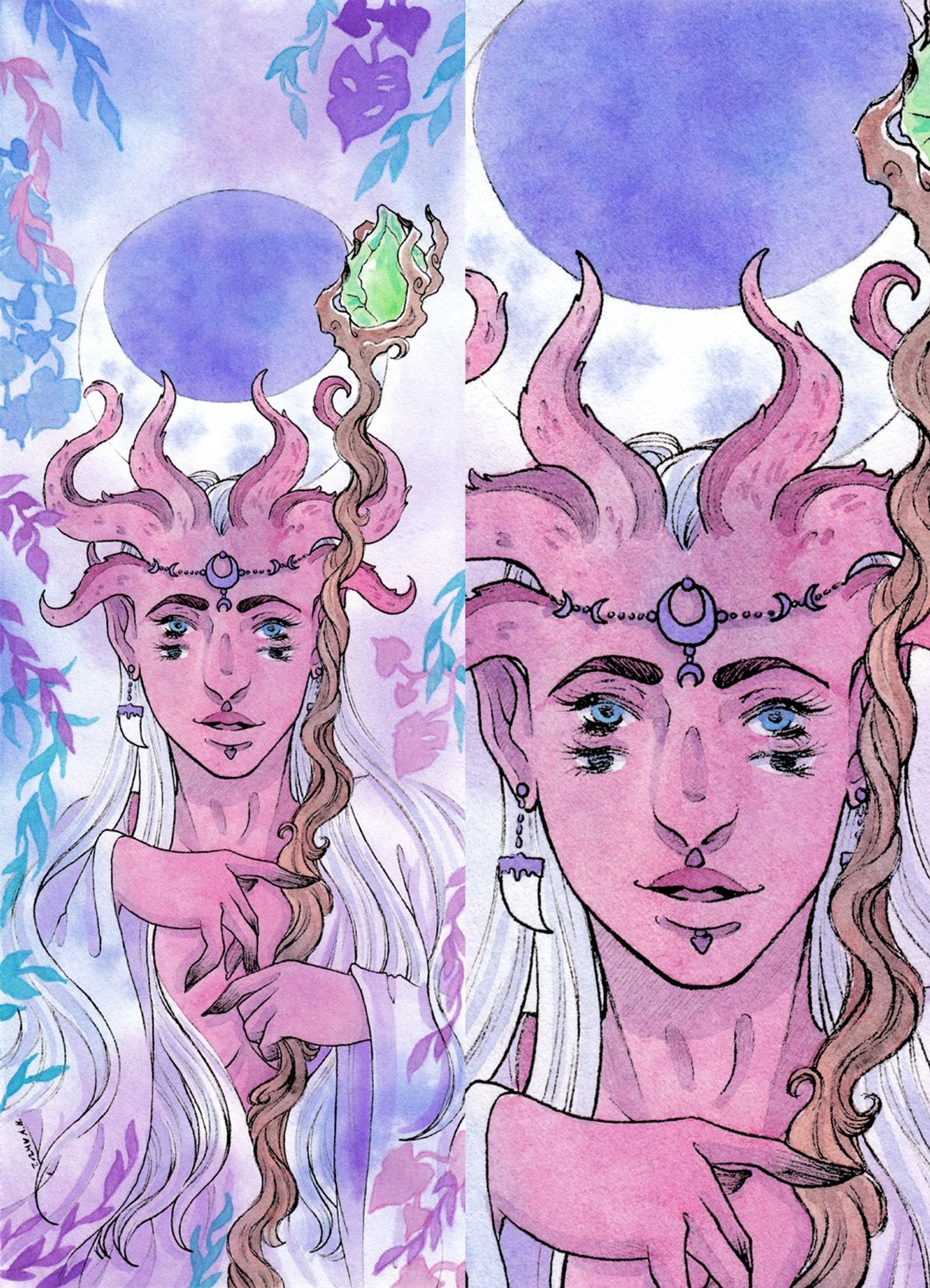 Watercolour illustration of a demon woman with three pairs of horns and two pairs of eyes. She's holding a wooden staff adorned with a large green gem and wearing flowing white robes. She wears a crescent moon headband and fang-shaped earrings. A crescent moon is on the nightsky behind her.