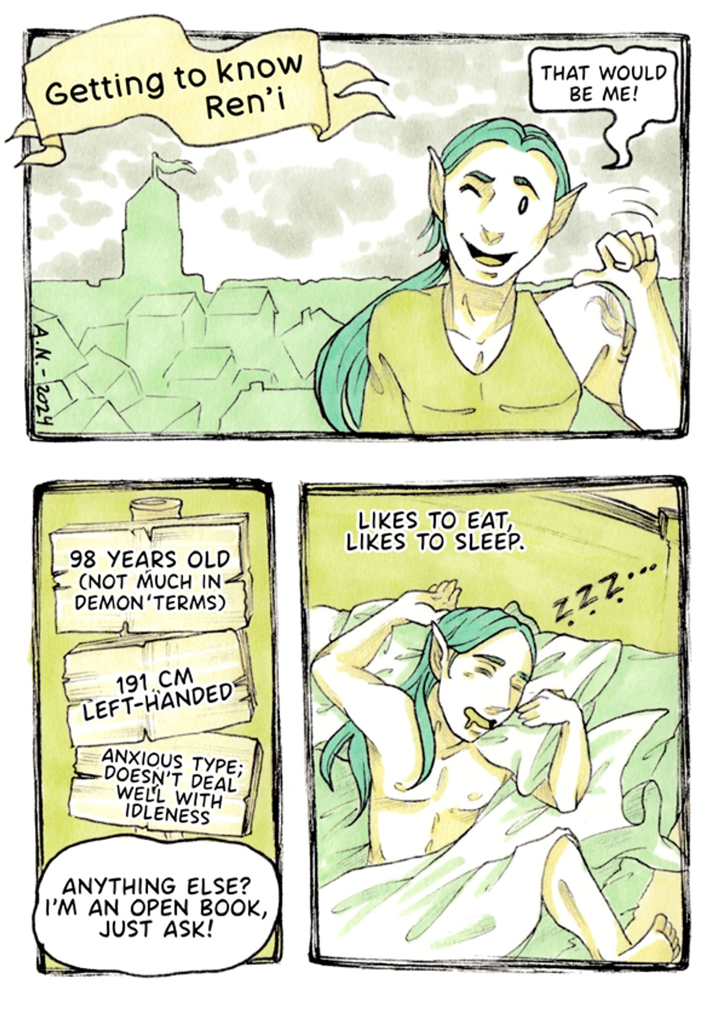 Panel 1: Buff man with a long ponytail and pointed ears standing in front of a cityscape, pointing at himself. Text on banner: "Getting to know Ren'i." Speech bubble: "That would be me!"
Panel 2: Road signs saying "98 years old (not much in demon terms)", "191 cm, left-handed", "anxious type; doesn't deal well with idleness". Speech bubble: "Anything else? I'm an open book, just ask!"
Panel 3: Ren'i sleeping in bed, drooling. Text: "likes to eat, likes to sleep."