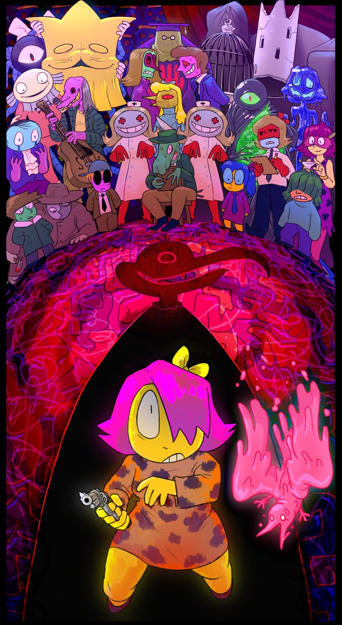 An illustration celebrating the Anthology of the Killer games and its colorful cast. Please play it!! It’s on itch.io and steam!! An excellent horror-comedy by the dev of Space Funeral!! PLEASE