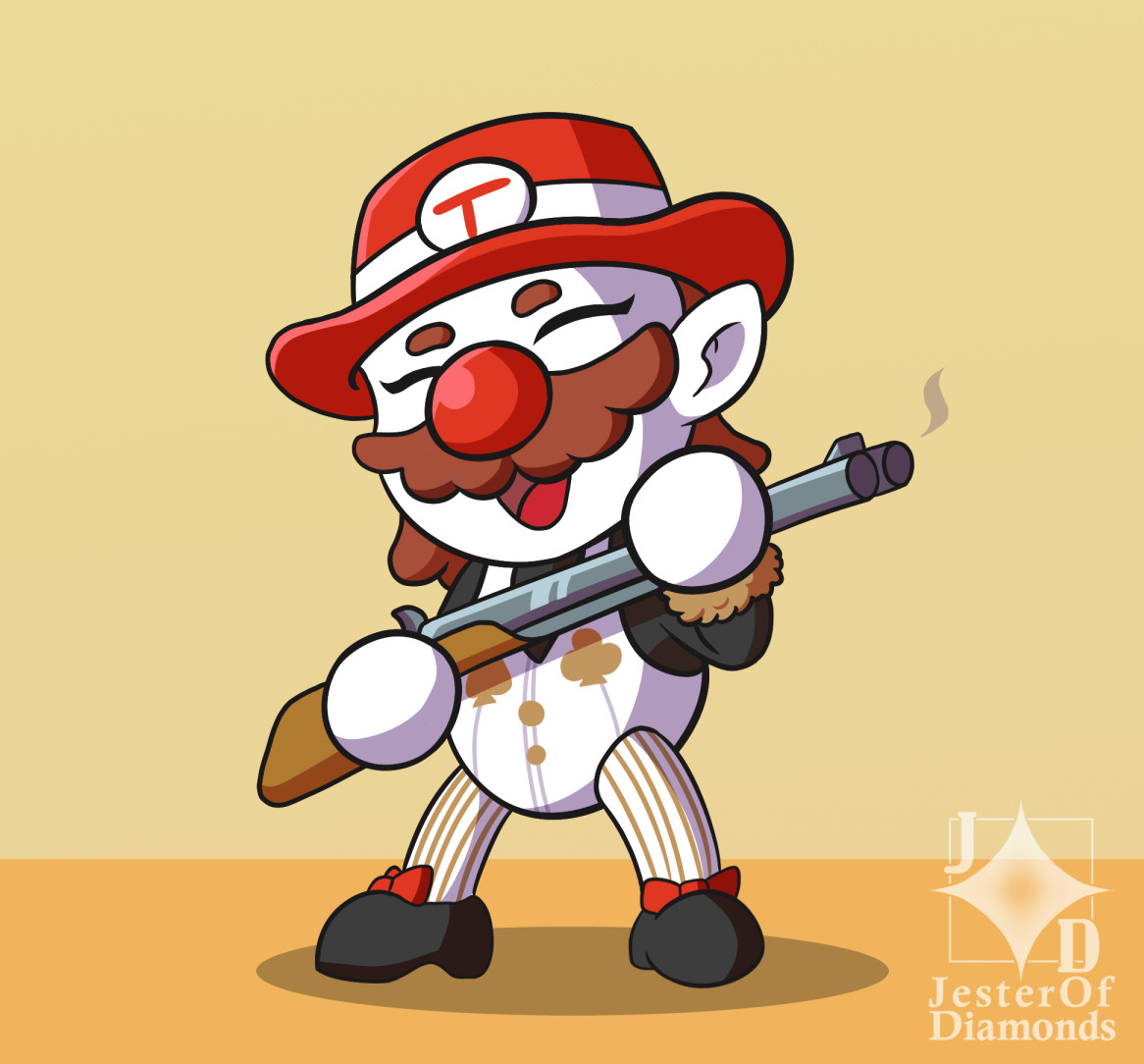 A drawing of indie clown vtuber Tristi Alacria mixed with Mario, carrying a shotgun. Based on their stream(s) of Shotgun Mario 64