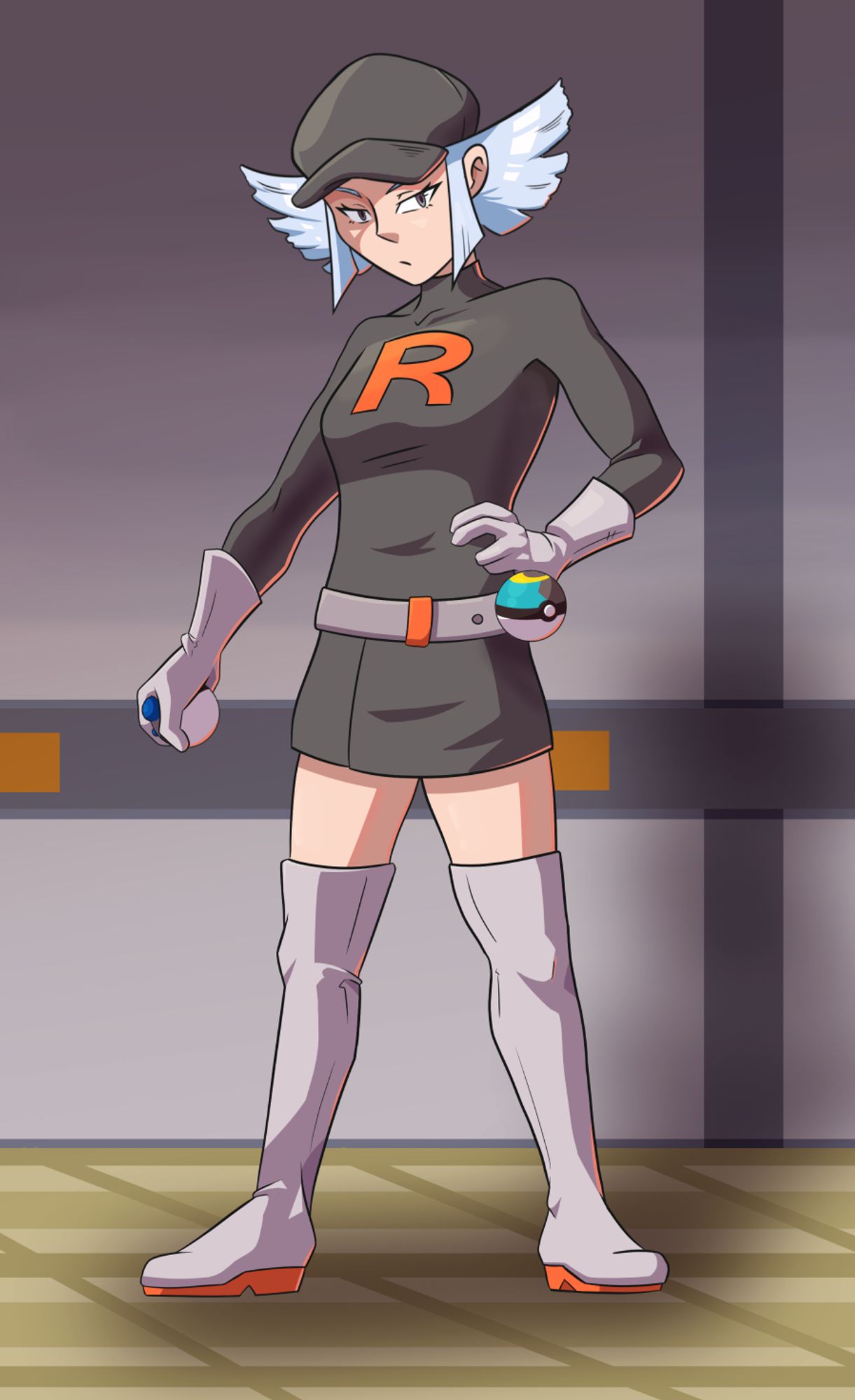 Team Rocket OC, in her hand is a Heavy Ball, and on her belt a Moon Ball