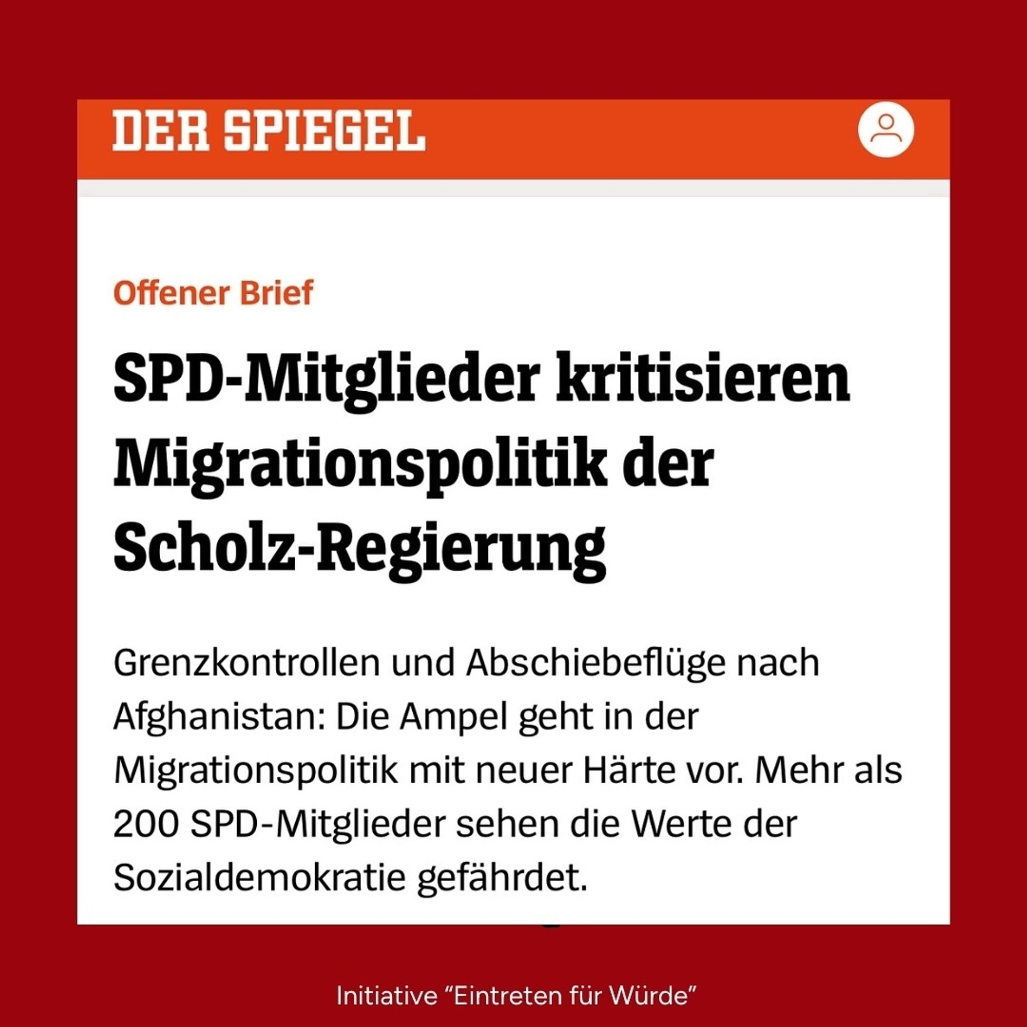 Screenshot von Spiegel online: SPD-Mitglieder kritisieren Migrationspolitik der Scholz-Regierung