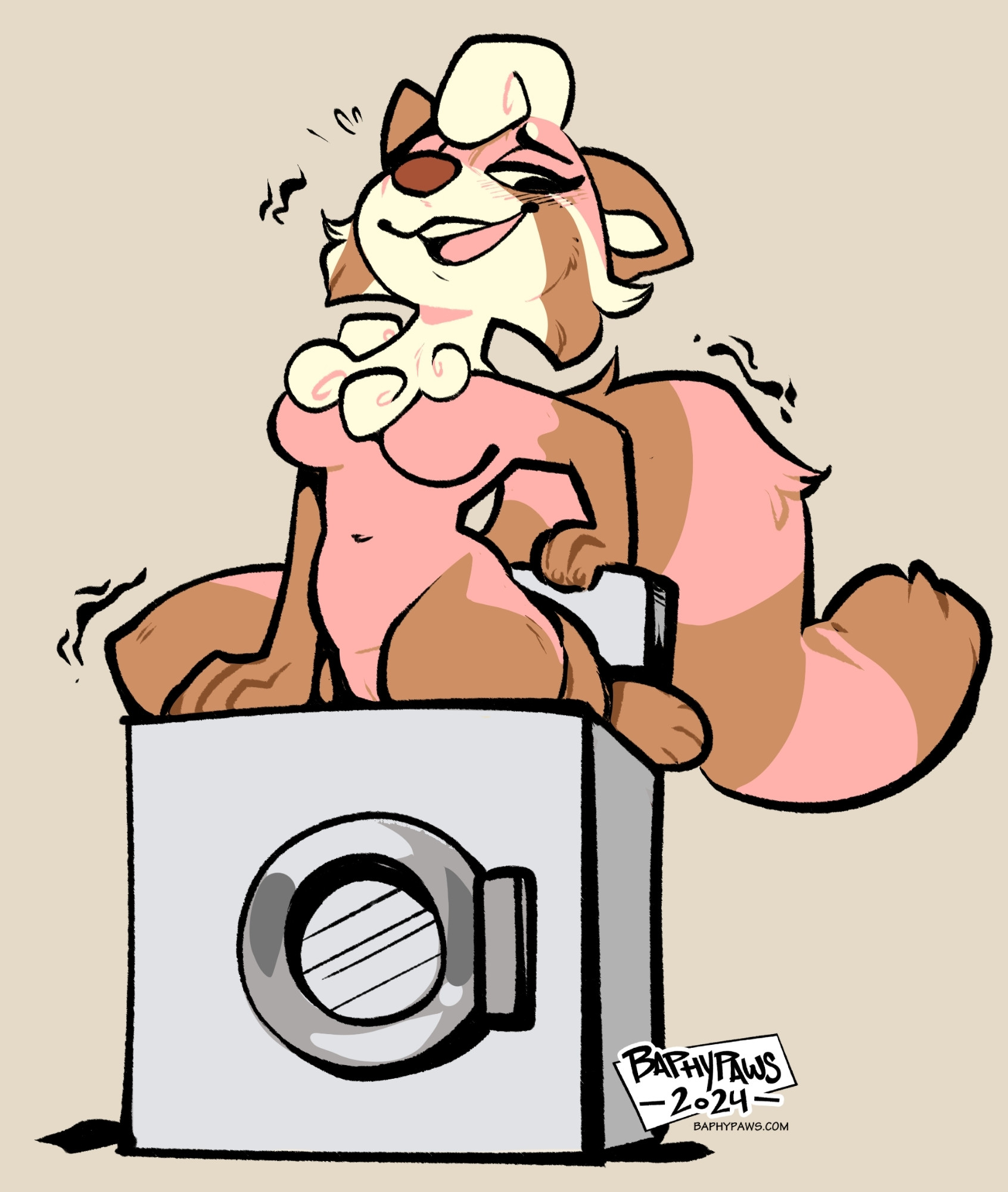 red panda furry character, with pink, brown, tan, and cream colors, and she's enjoying herself on top of a washing machine