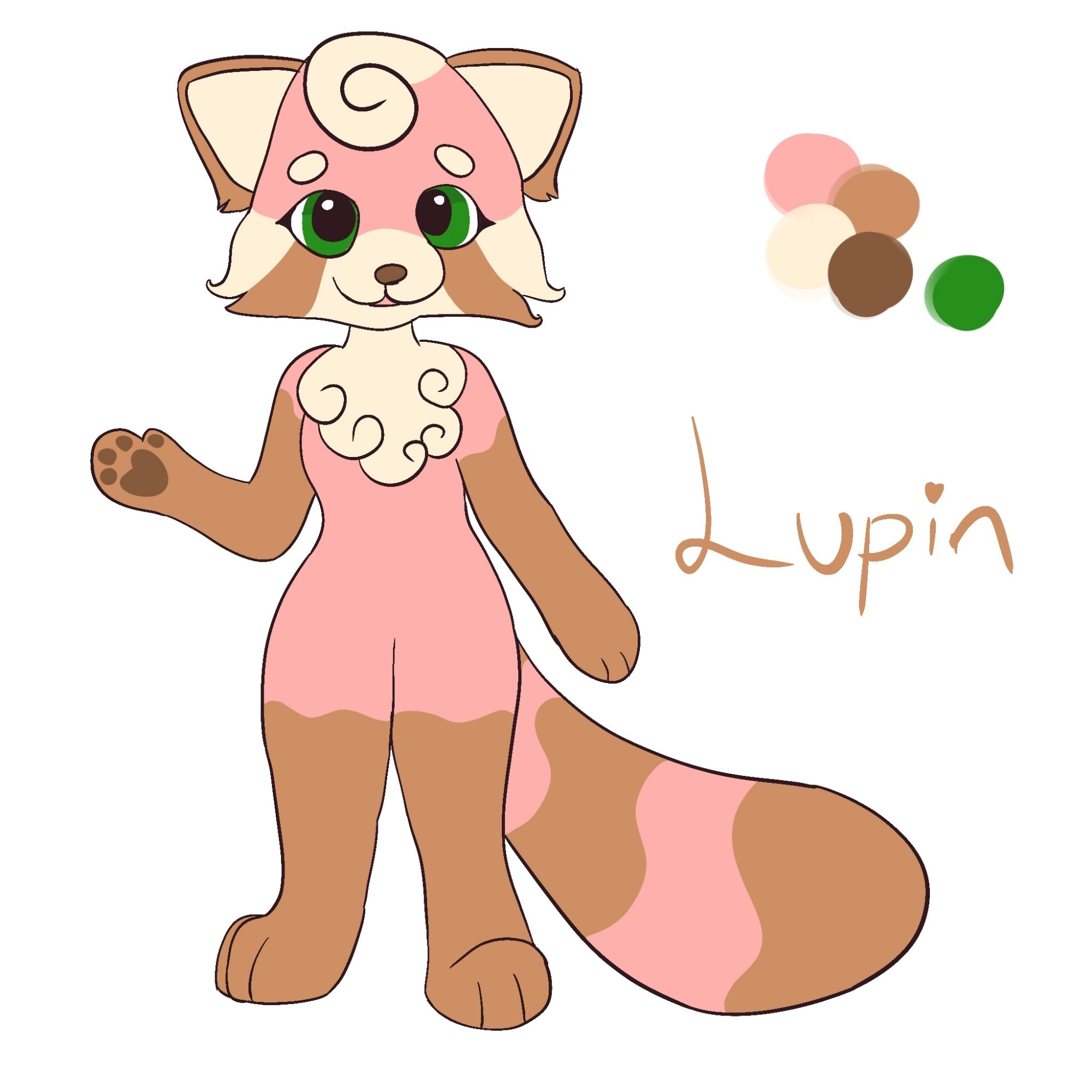 red panda furry character named Lupin, with pink, brown, tan, and cream colors. her eyes are green.