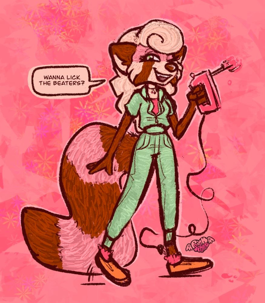 red panda furry character, with pink, brown, tan, and cream colors. she's wearing a green jumpsuit and holding a handheld mixer, asking if you want to lick the batter off the beaters