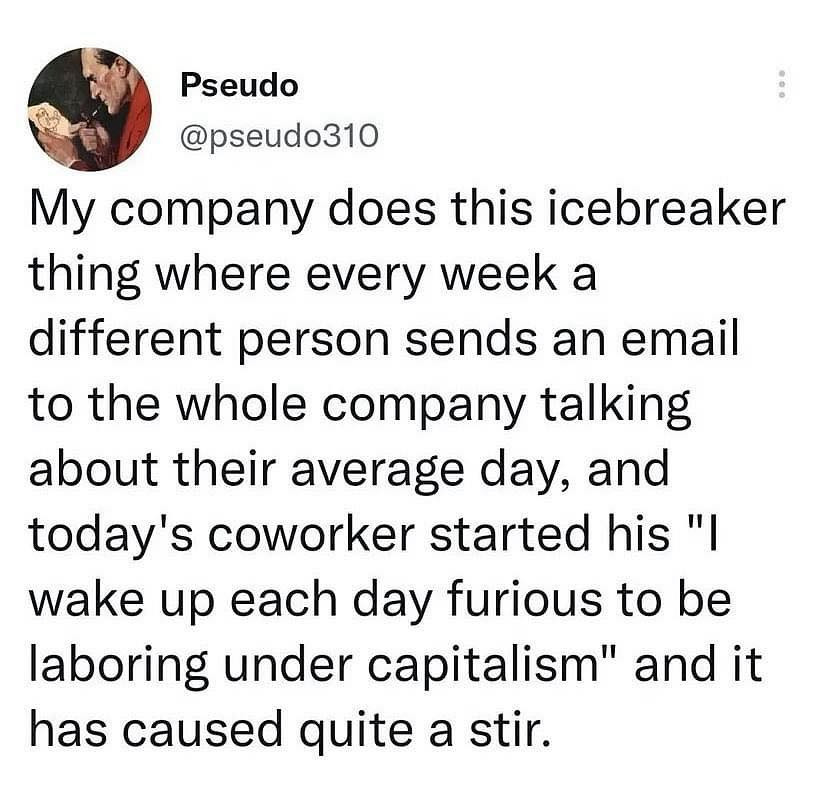 My company does this icebreaker thing were every week a different person sends an email to the whole company talking about their average day, and today's coworker started his "i wake up each day furious to be labouring under capitalism" and it has caused quite a stir. 