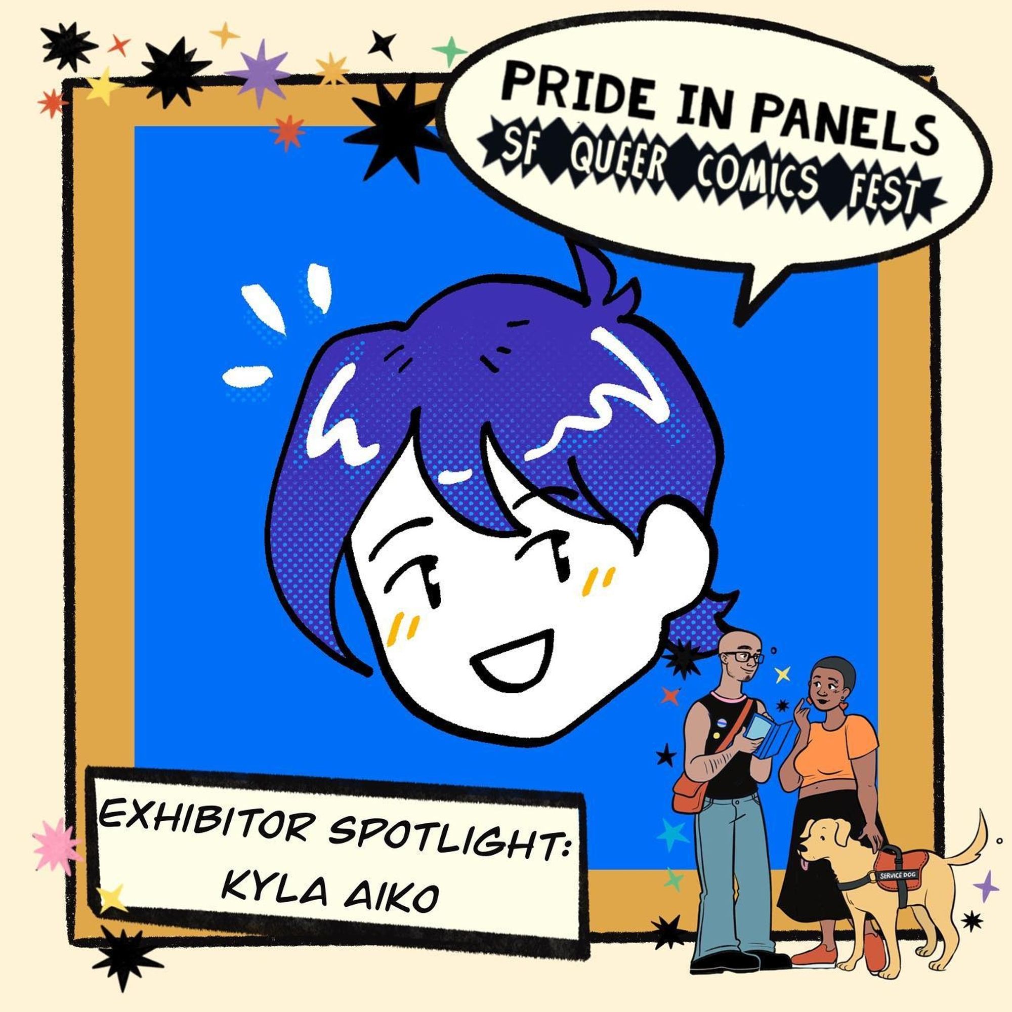 A cute portrait of Kyla Aiko on a blue background inside a yellow panel with a speech bubble that says Pride In Panels SF Queer Comics Fest and Exhibitor Spotlight: Kyla Aiko.