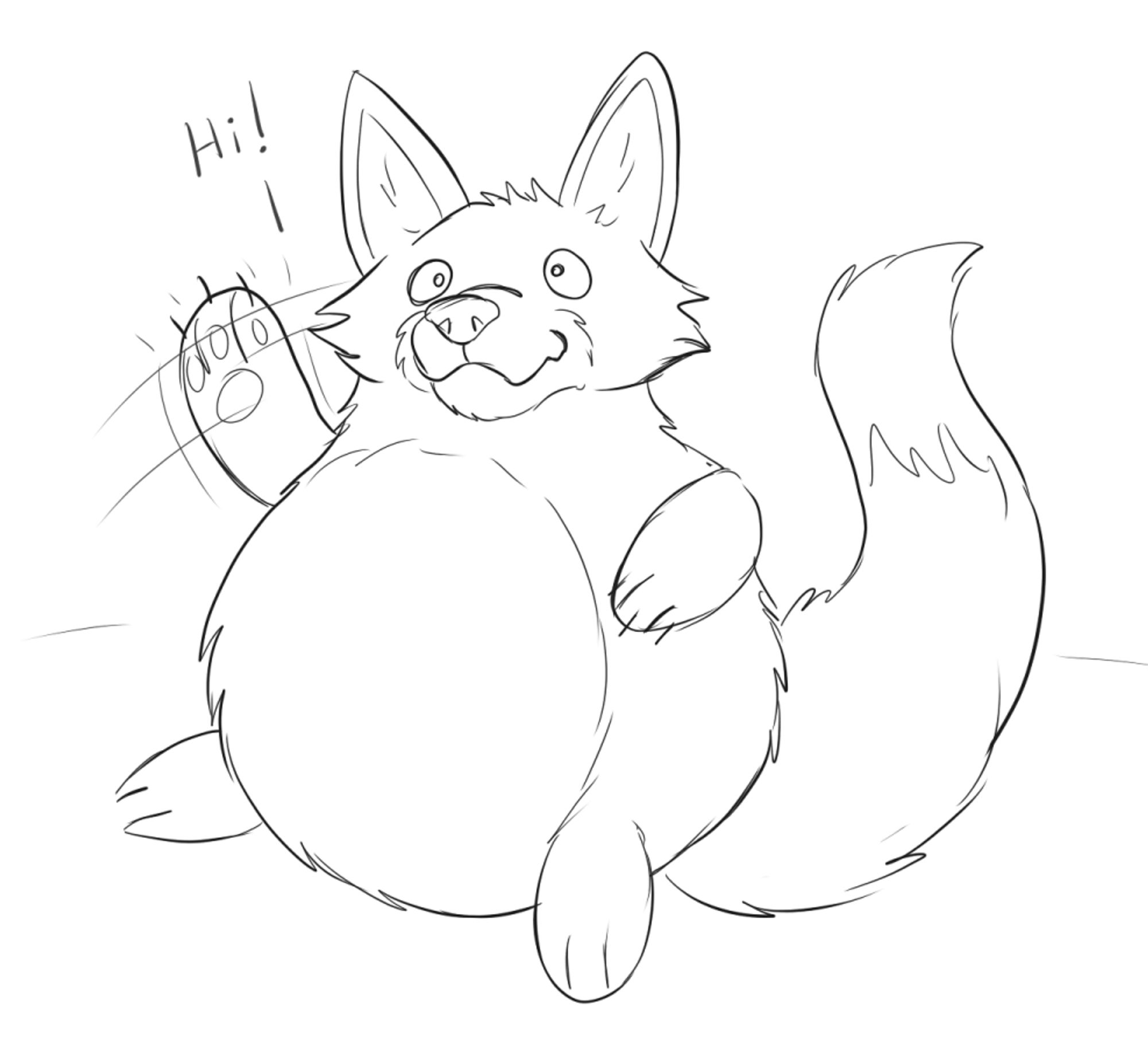 An sketchy drawing of a very round red fox greeting with his right hand