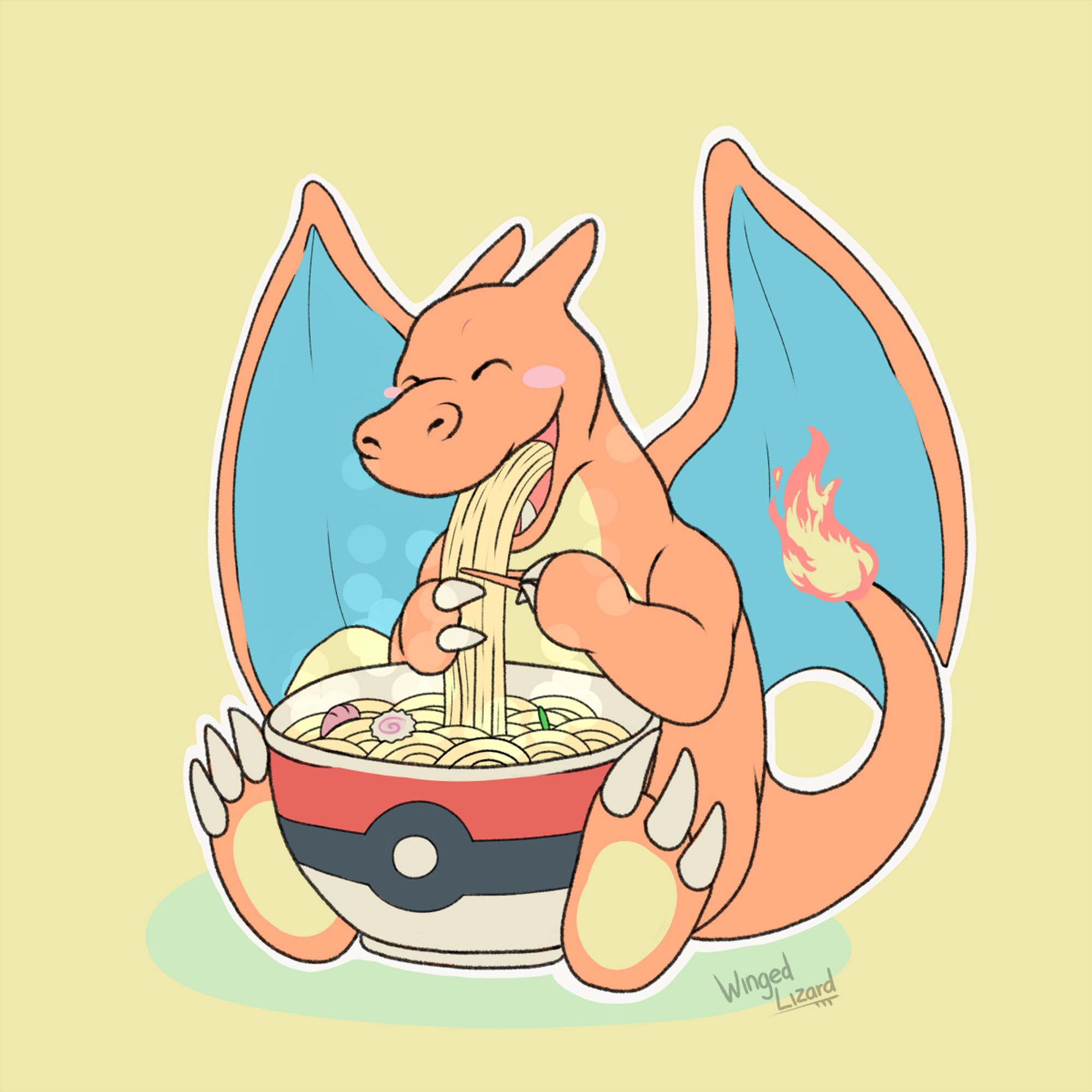 An image of Charizard, a dinosar/dragon like pokémon. He's facing left while eating a big cup of noodles the size of his own body.