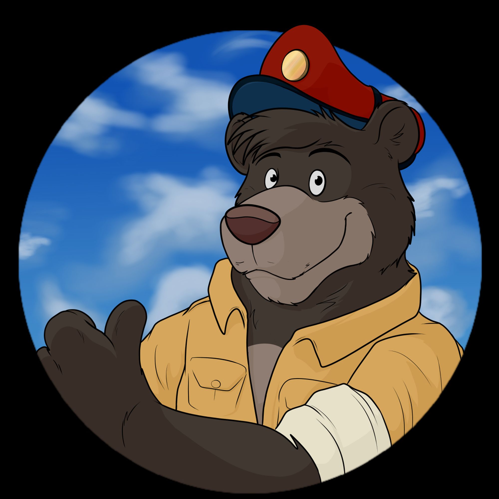 A digital drawing with Baloo from Talespin, its a sloth bear wearing a cap and a short shirt as a aviator. He's showing a thumbs up sign to the left side with his right hand.