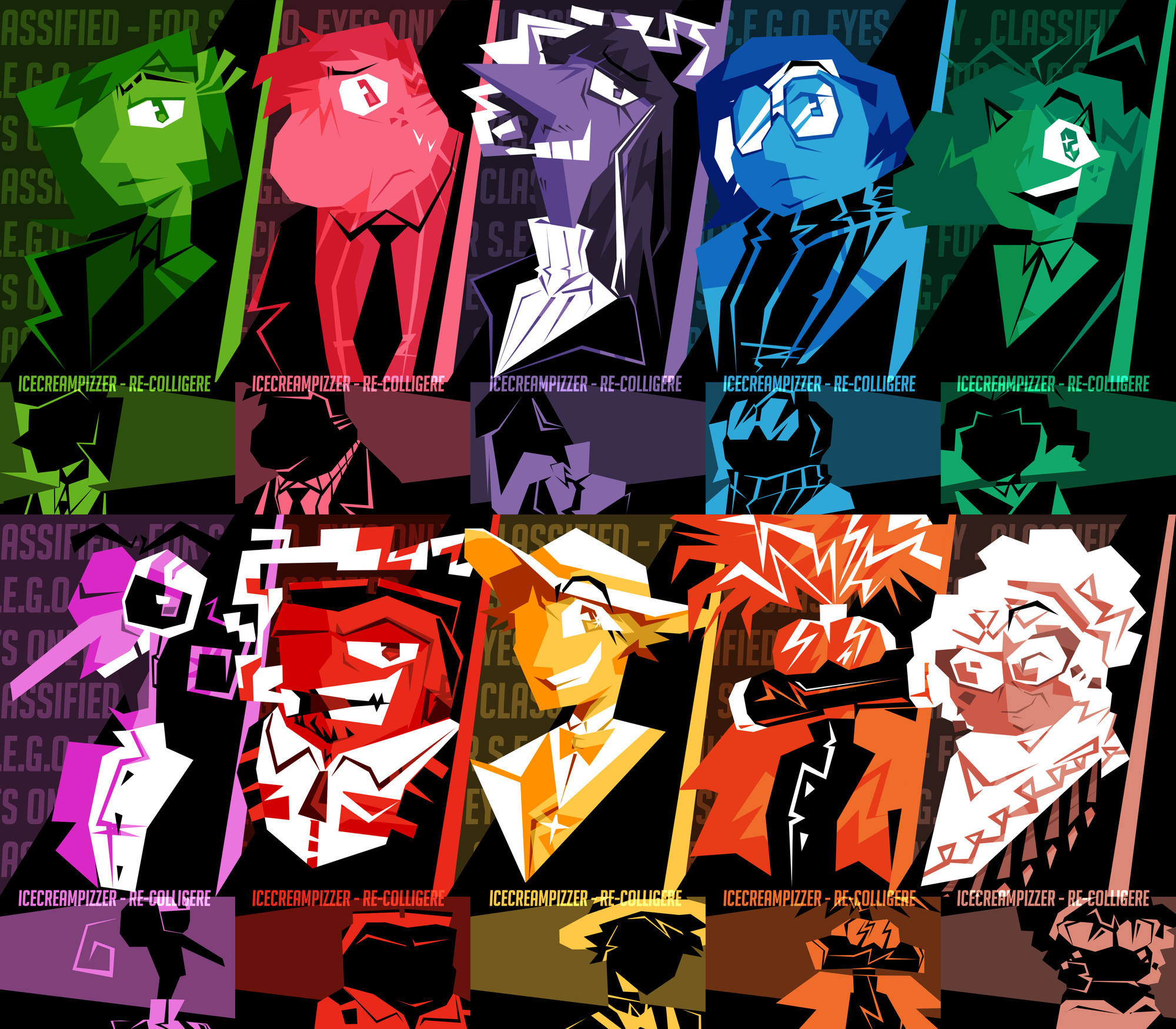 A compilation of portraits for the cast of Inside Out in a spy AU. All of them have two drawings: first is a lineless geometric bust, with half the face obscured; the second is a small, black, silhouette with only some details accentuated by their primary colors. On the top row are the spies: Disgust, Embarrassment, Ennui, Sadness, and Envy. The bottom row are the villains: Fear, Anger, Joy, Anxiety, and Nostalgia. In the background is a sentence repeated horizontally and vertically: "Classified - For S.E.G.O. Eyes Only."