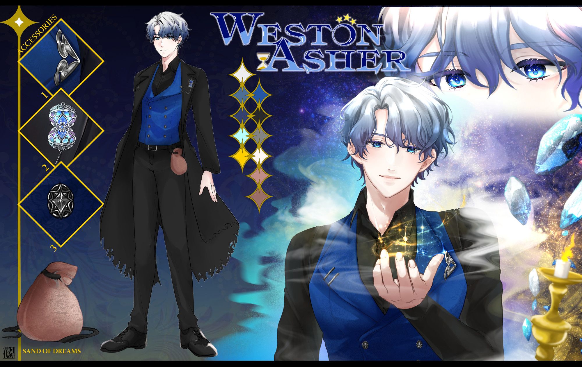 Ref sheet for vtuber Weston Asher. He is tall, with blue-gray hair, a black tattered longcoat, and a blue embroidered vest. At his waist is a bag of dream sand. A variety of silver lapels adorn his coat, along with a prismatic hourglass brooch.