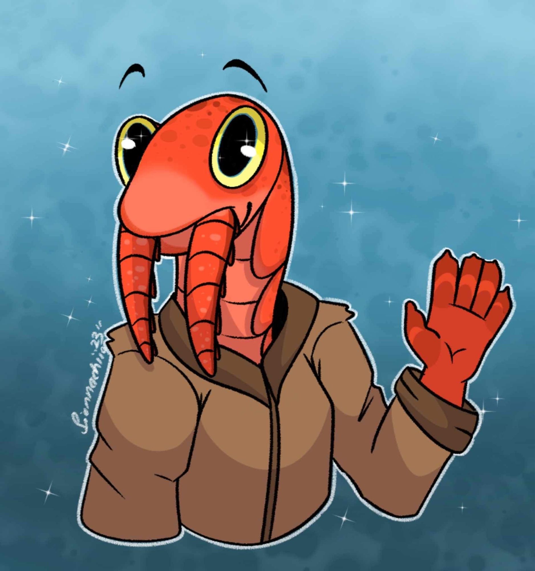 An anthro anomalocaris waving at you, he is wearing a brown jacket.