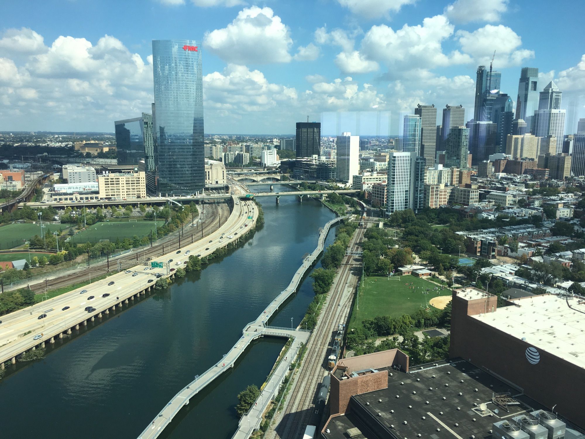 View of the Schuylkill River and Philadelphia skyline, from a high vantage point.